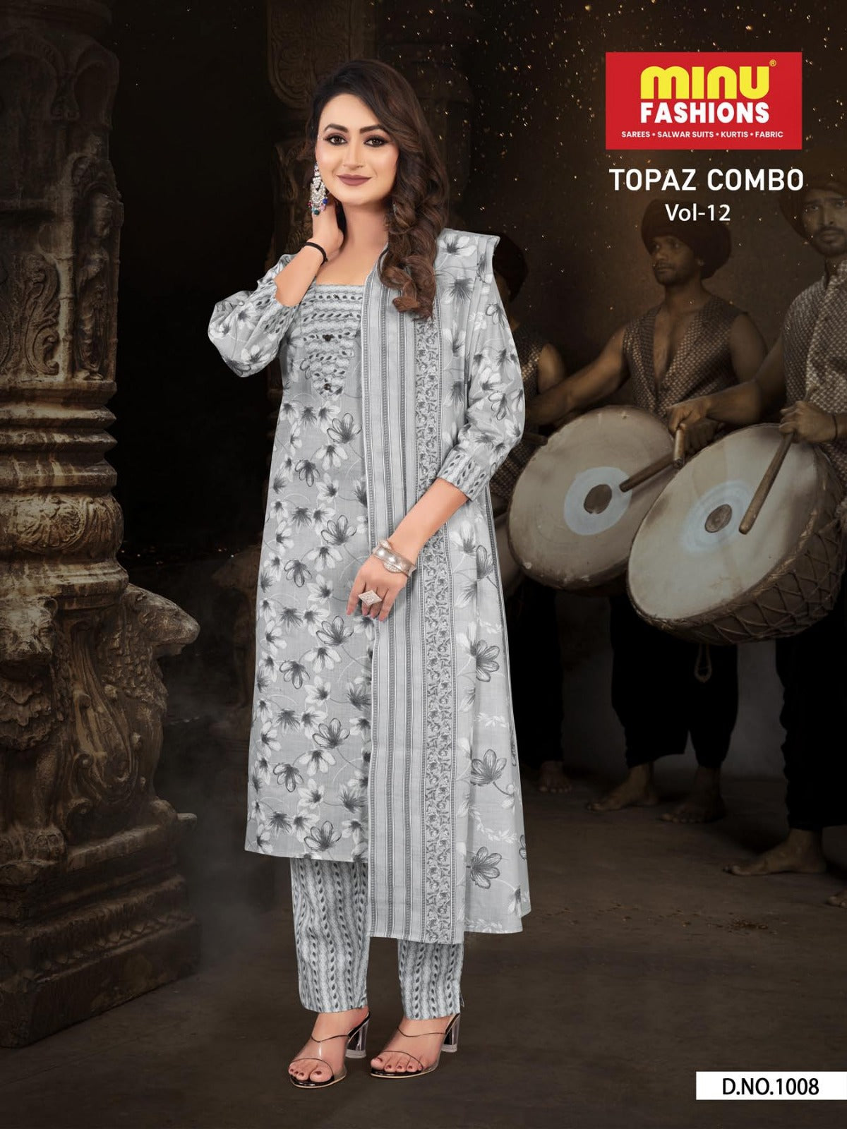 3 Piece Cotton Long Kurti Set Topaz (Vol-12) - 8 Pcs Set