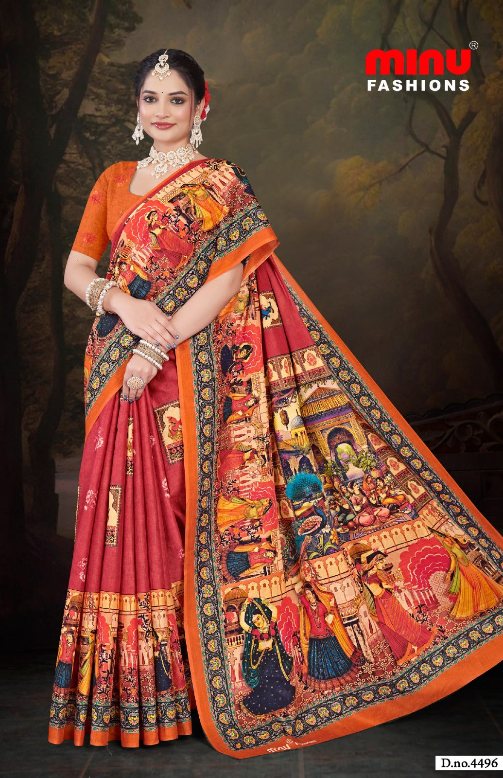 Printed Cotton Saree Jeevan Sathi Madhubani - 8 Pcs Set