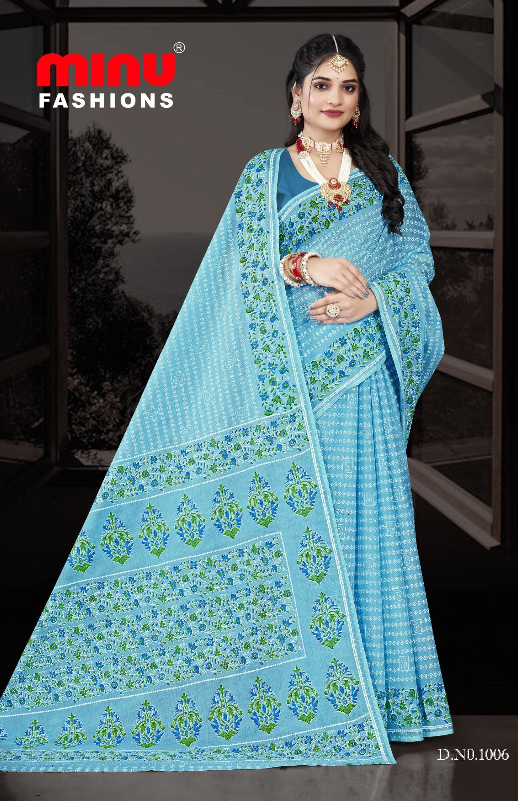 Printed Cotton Saree Pestal Beauty - 8 Pcs Set
