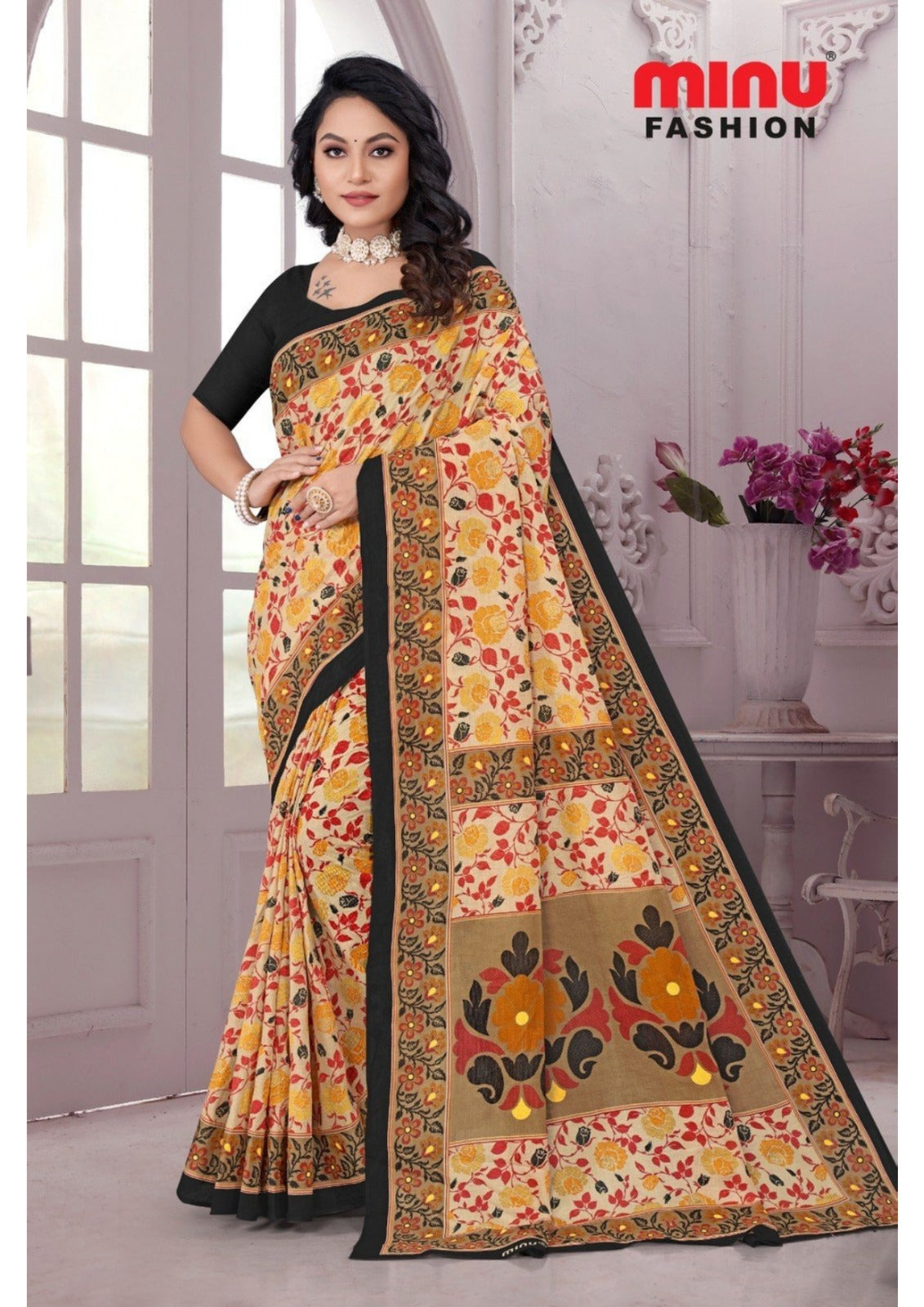 Printed Cotton Saree Priyatama Mithila - 8 Pcs Set