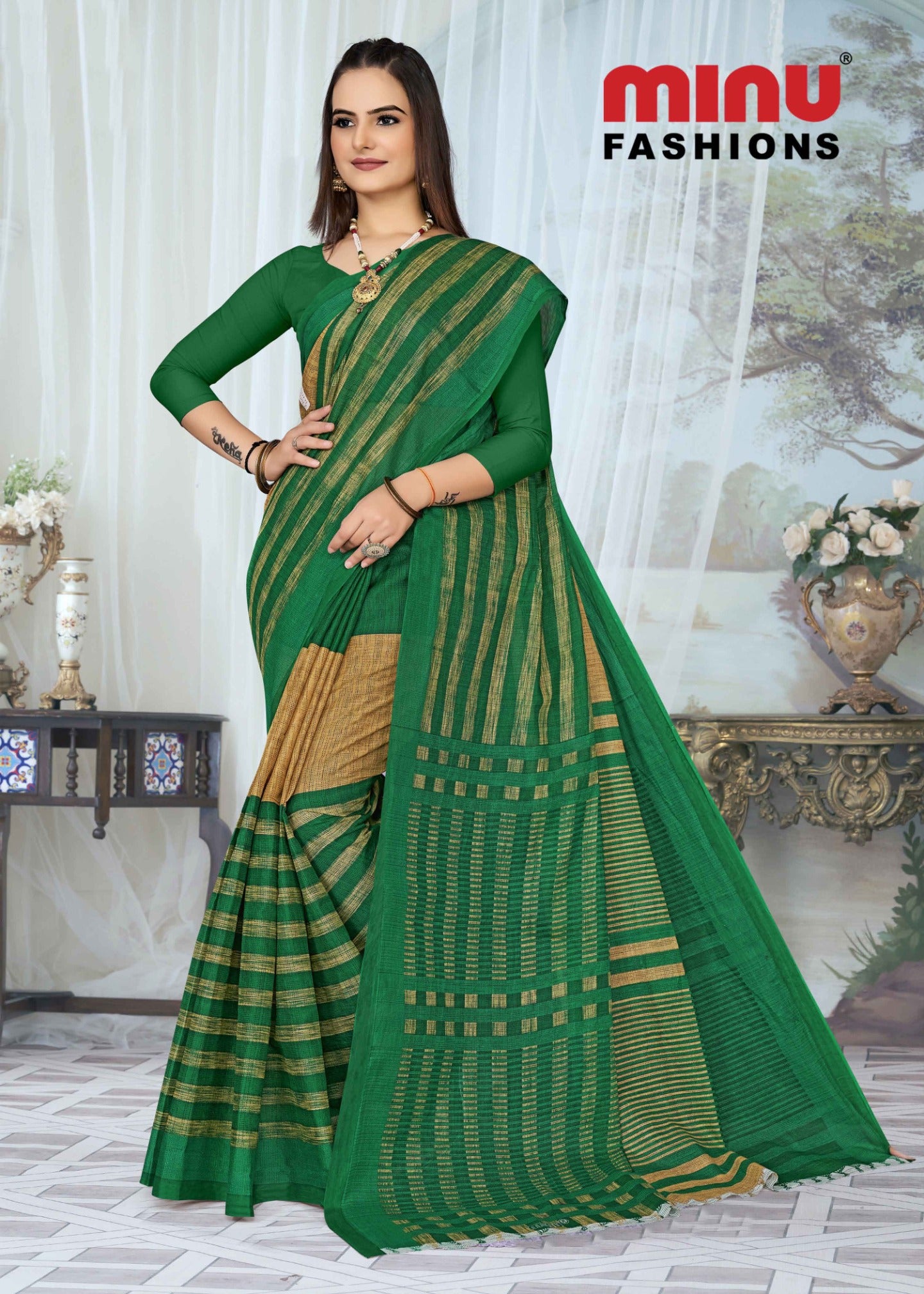 green printed cotton saree wholesale rate