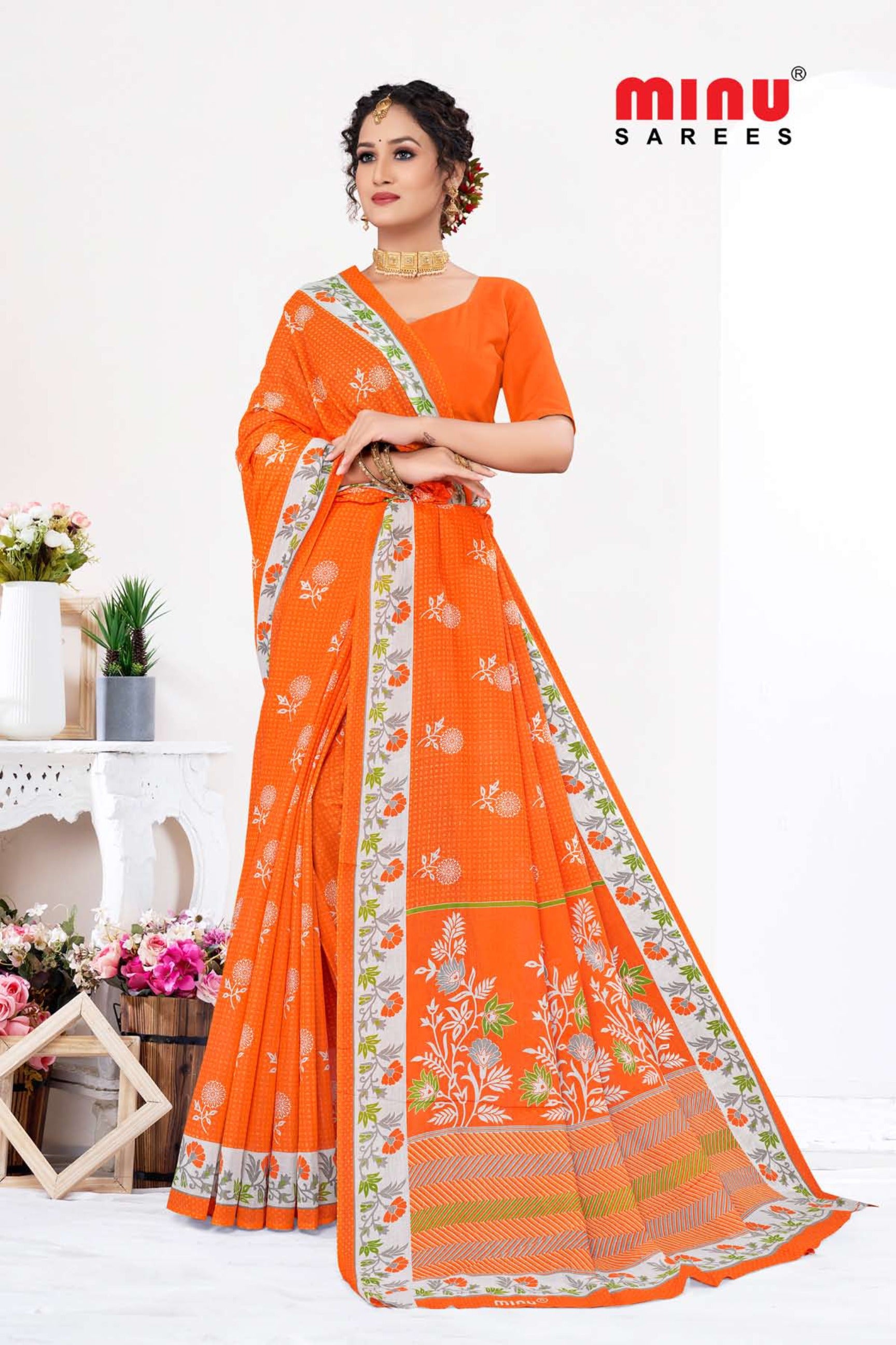 Orange color printed cotton saree for online resellers in India 