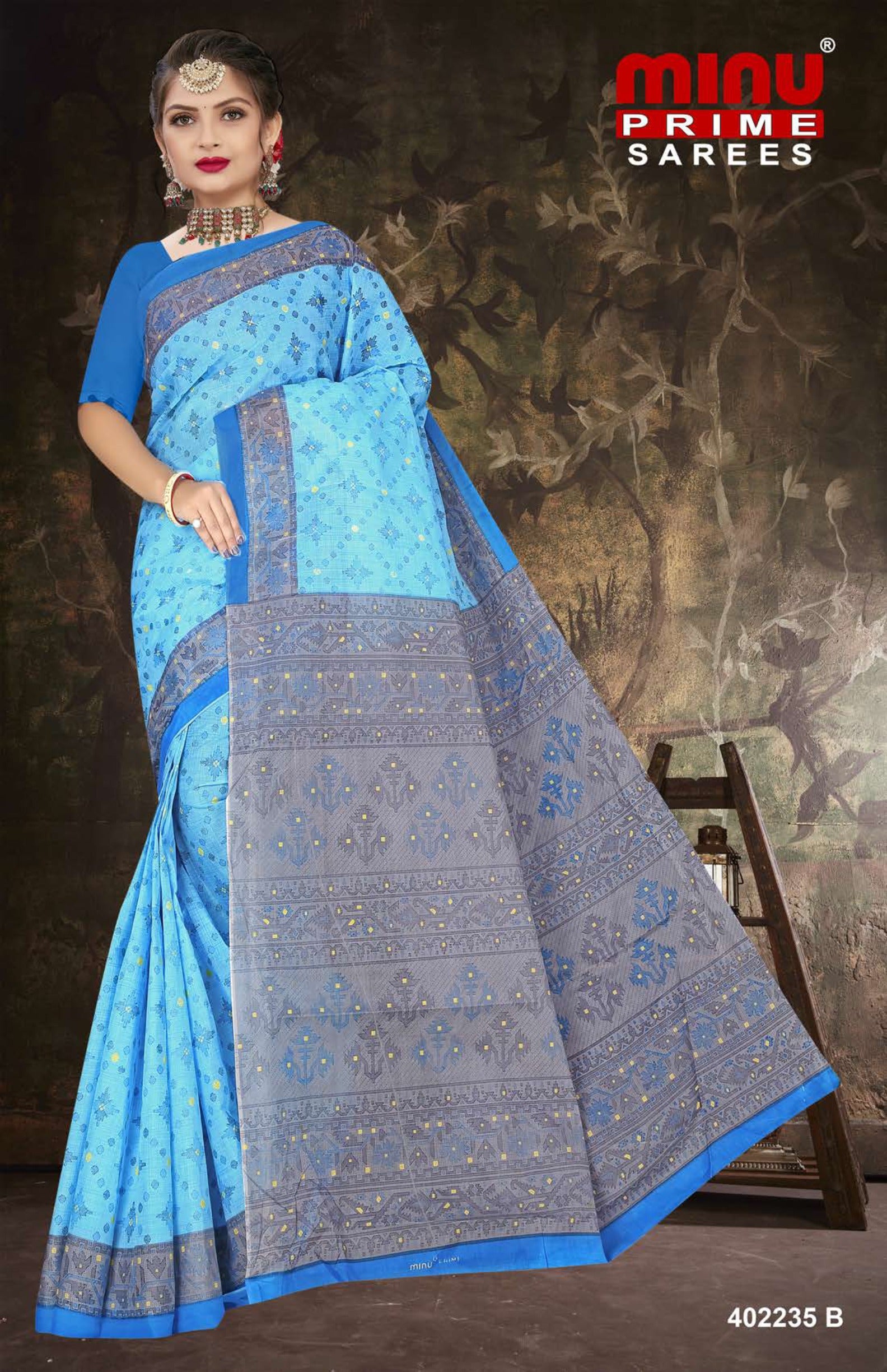 Blue printed cotton saree for women and girls 