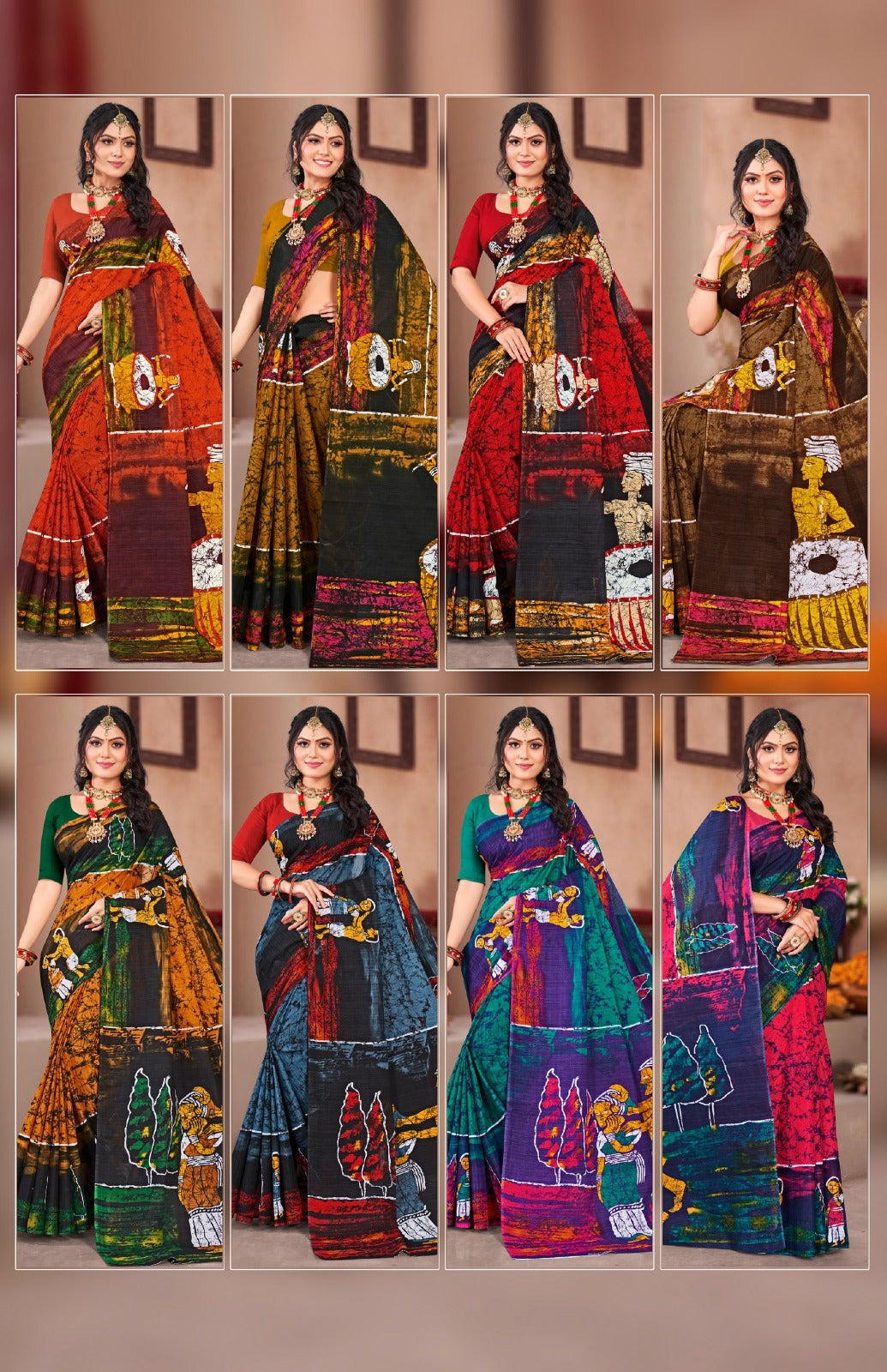 Malai Cotton Saree Block Batik (Vol-1) - 8 Pcs Set