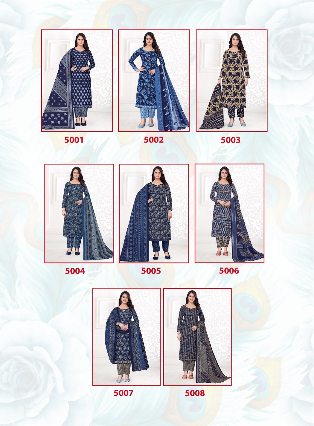 Printed Cotton Unstitched Salwar Suit Indigo Vol-5 (Special Rate) - 8 Pcs Set