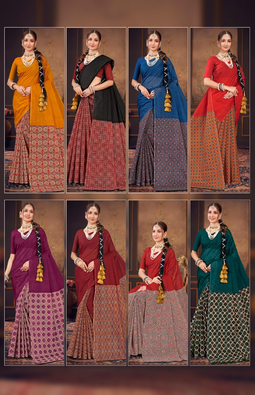 Malai Cotton Saree Raasa Ajrakh - 8 Pcs Set