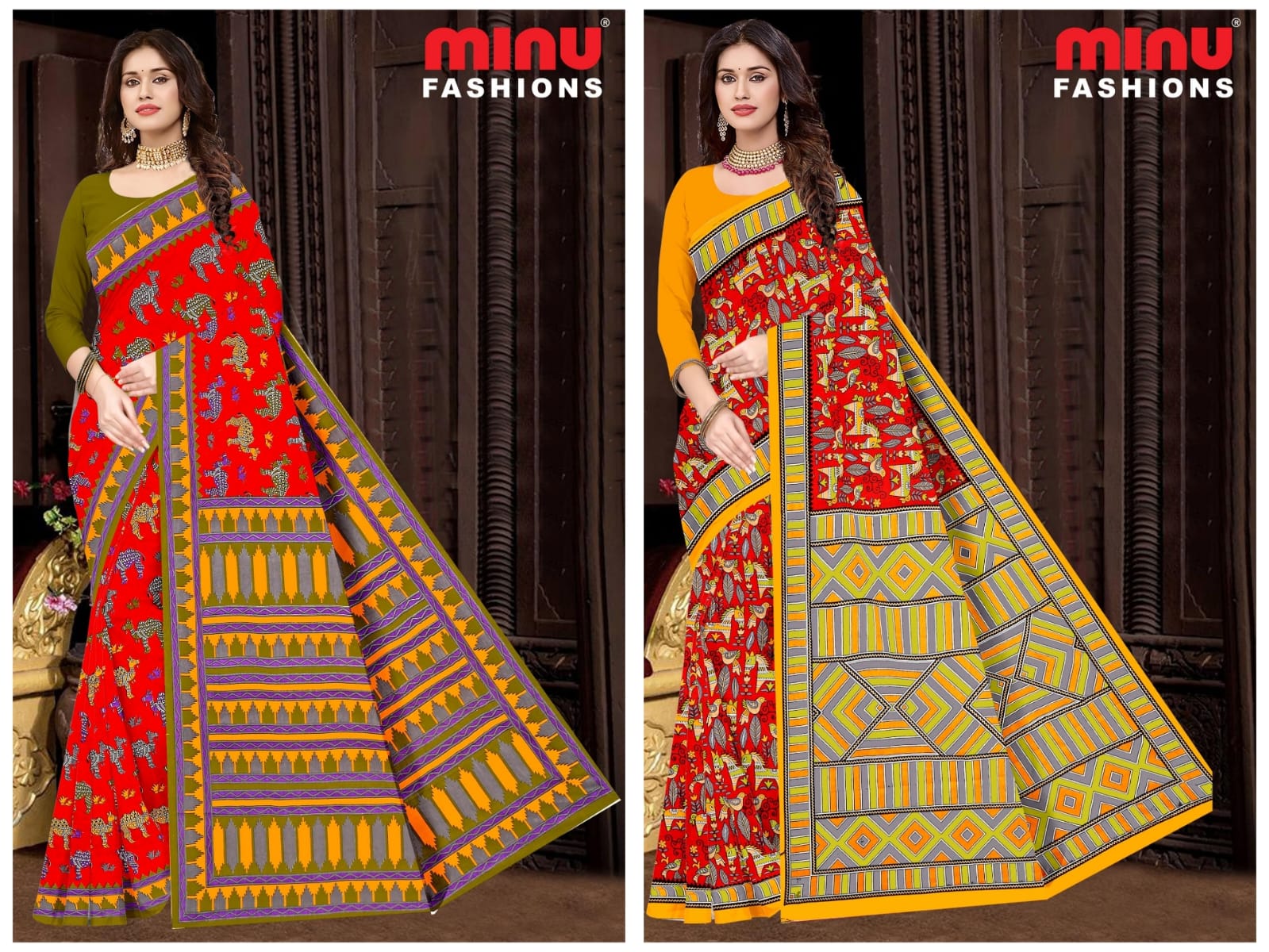Printed Cotton Saree Heven Beauty Block - 10 Pcs Set