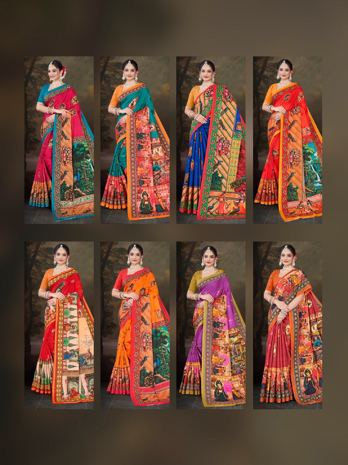 Printed Cotton Saree Jeevan Sathi Madhubani - 8 Pcs Set