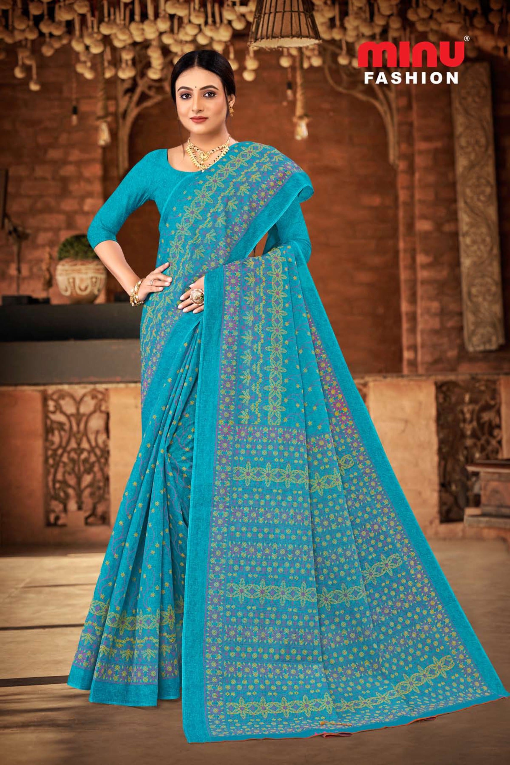 blue cotton saree with floral designs for sale 