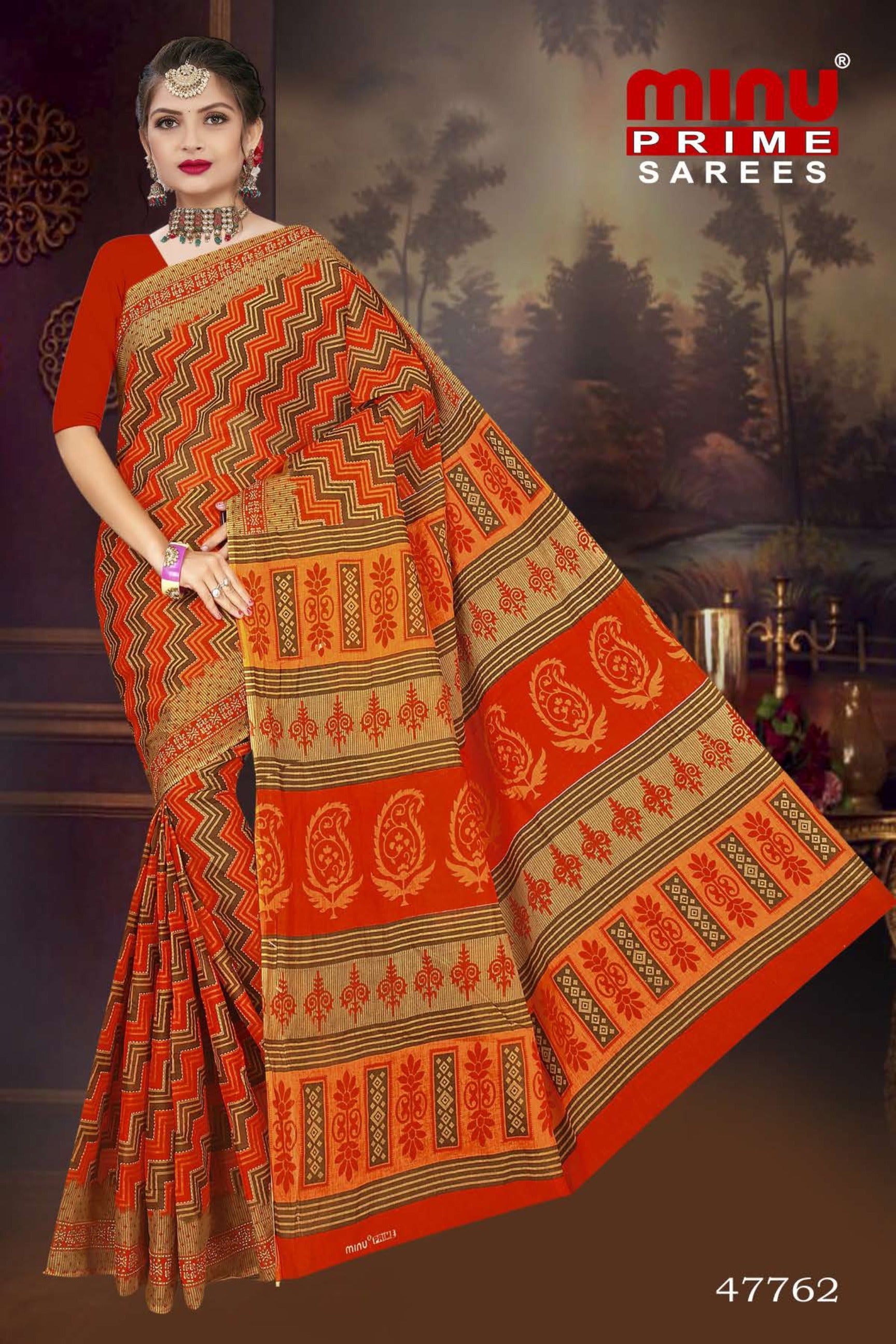 woman wearing low prices designer printed cotton saree wholesale 