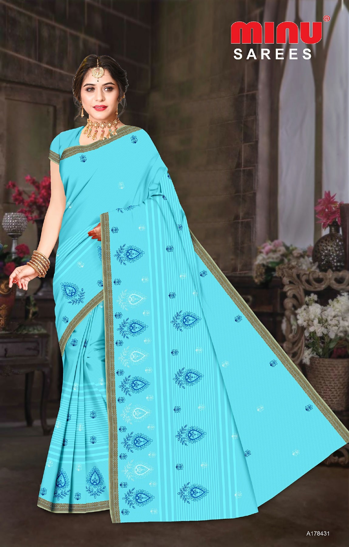 bold blue color printed embroidered saree for women