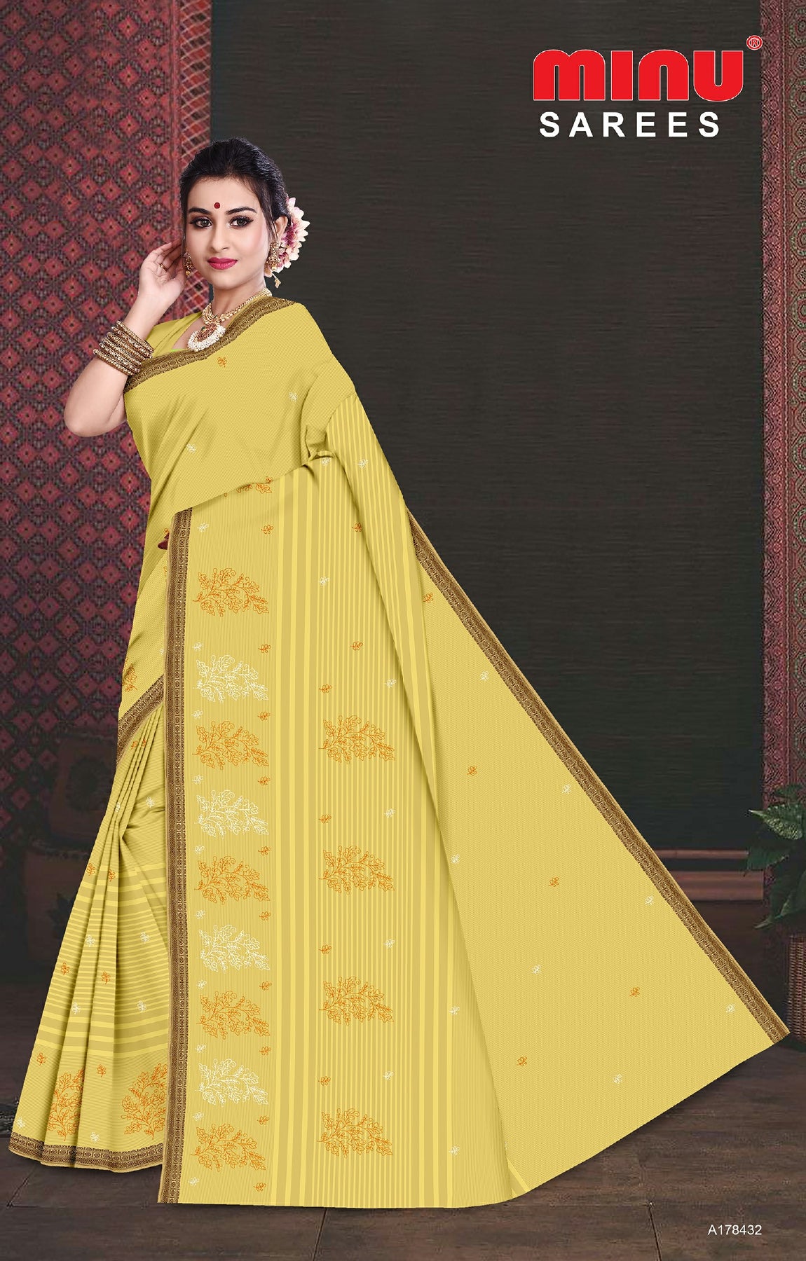 yellow cotton printed saree with embroidery design