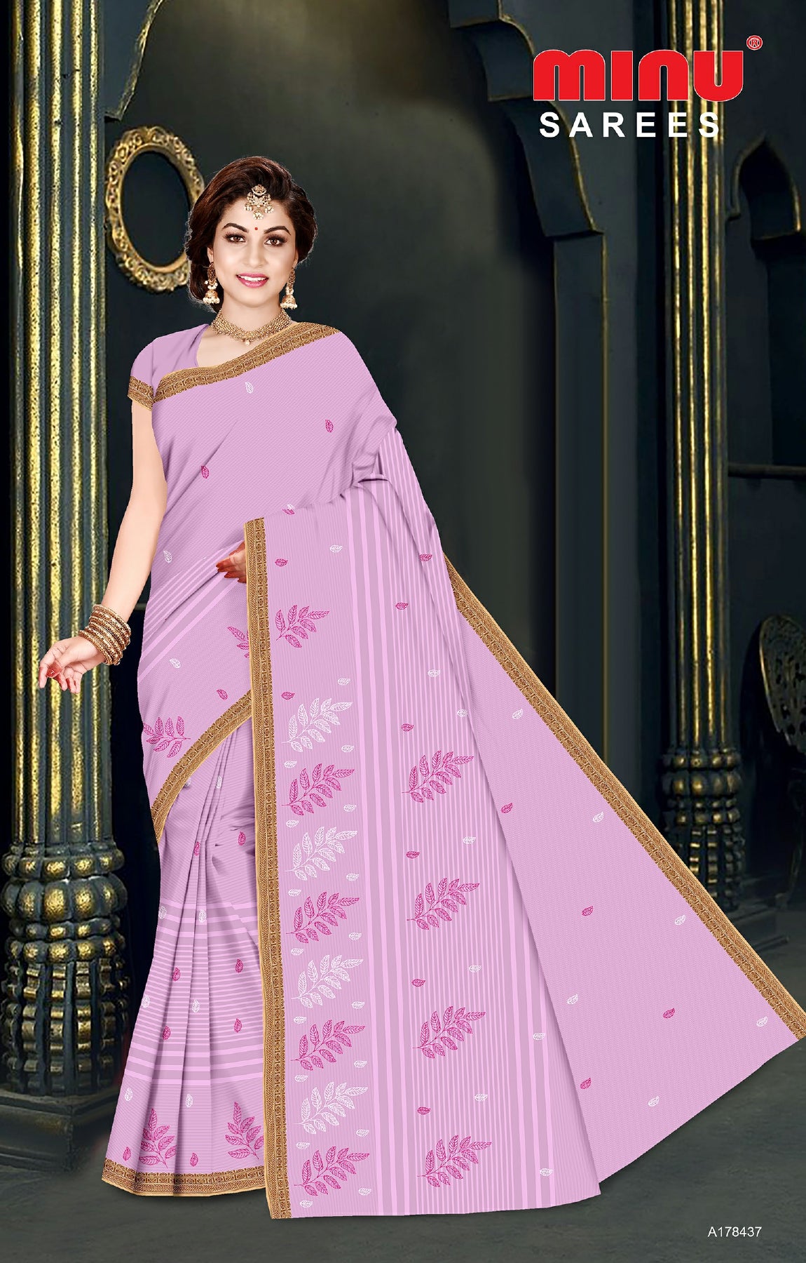 Pink color printed embroidered saree wearing woman