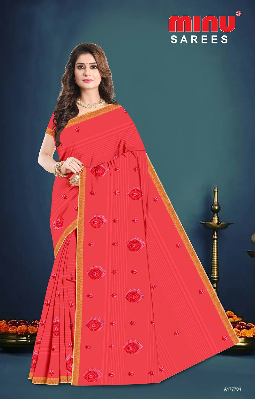 Red printed cotton saree for women and girls 