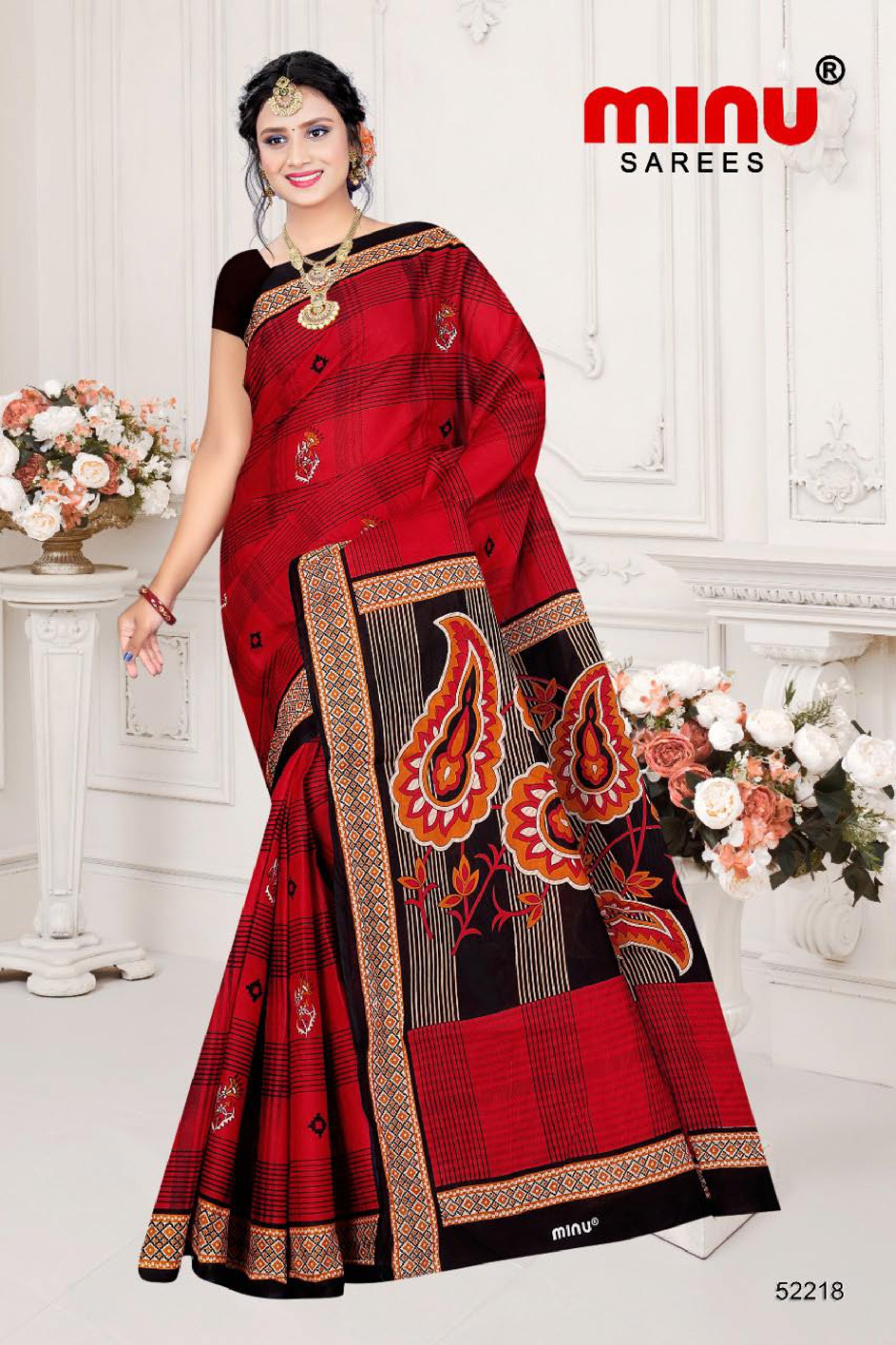 designer cotton printed saree wearing woman