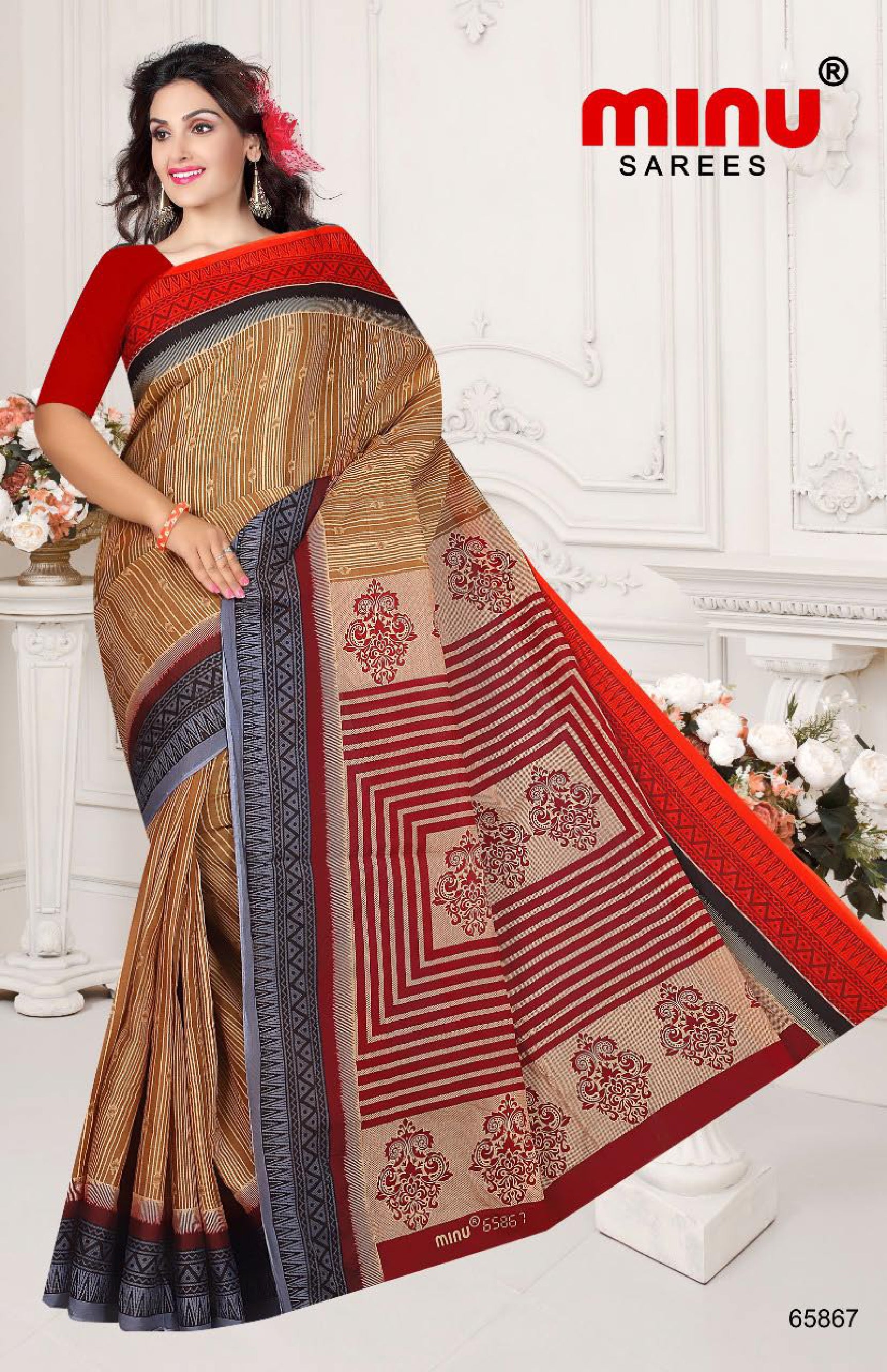 multi color printed saree wearing woman