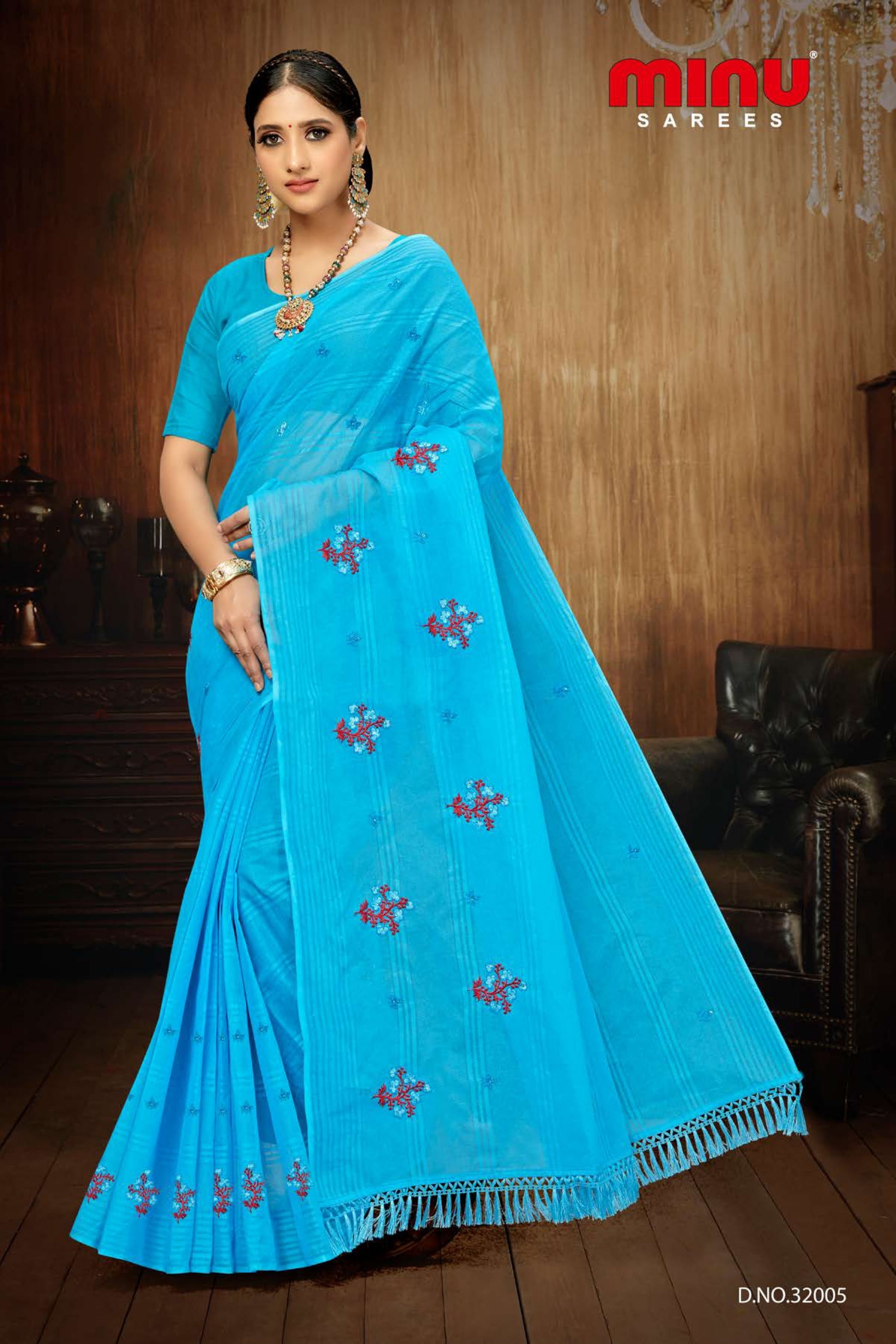 blue printed bold embroidered Saree online for women
