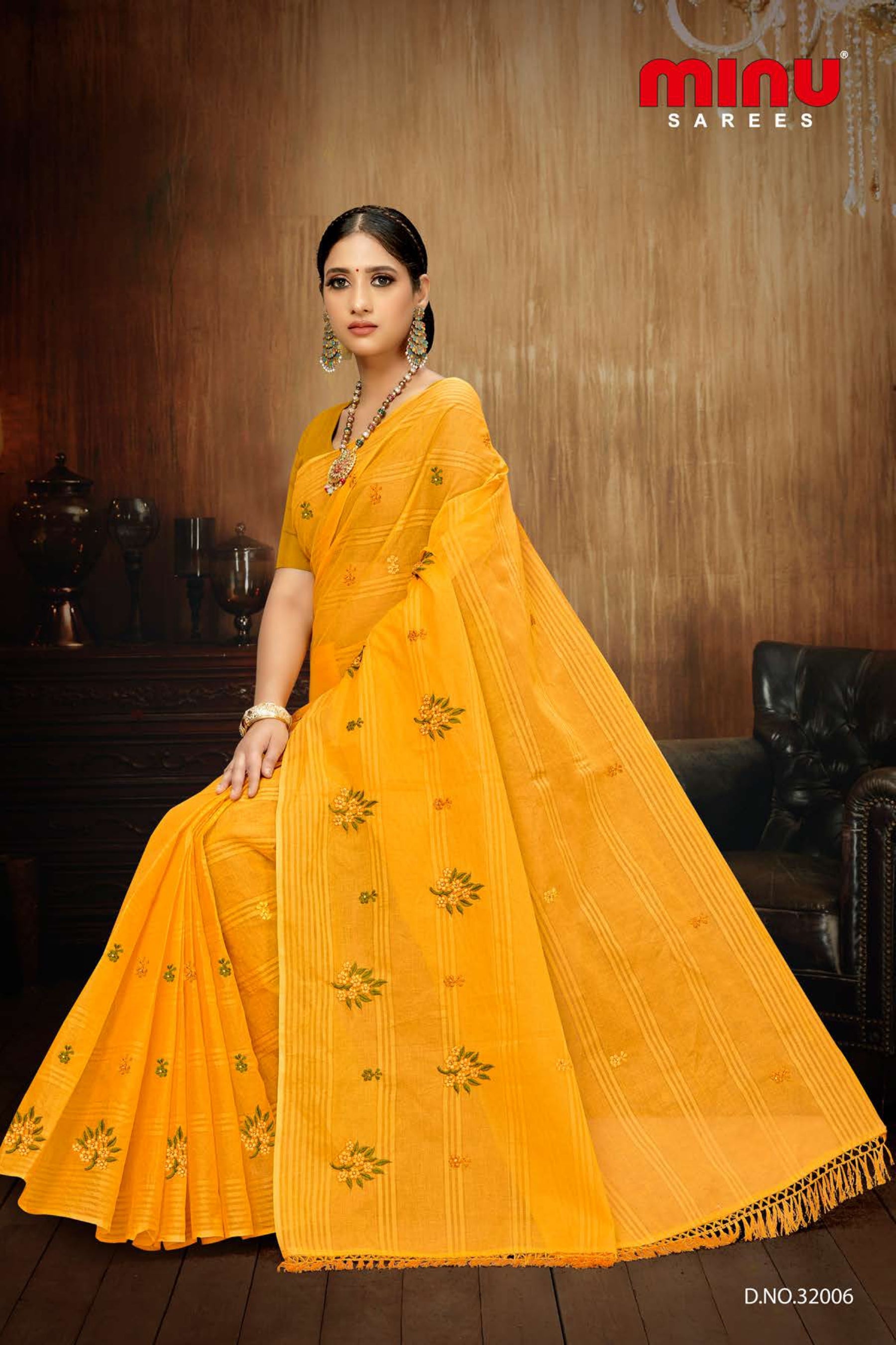 yellow printed embroidered Saree wearing woman 