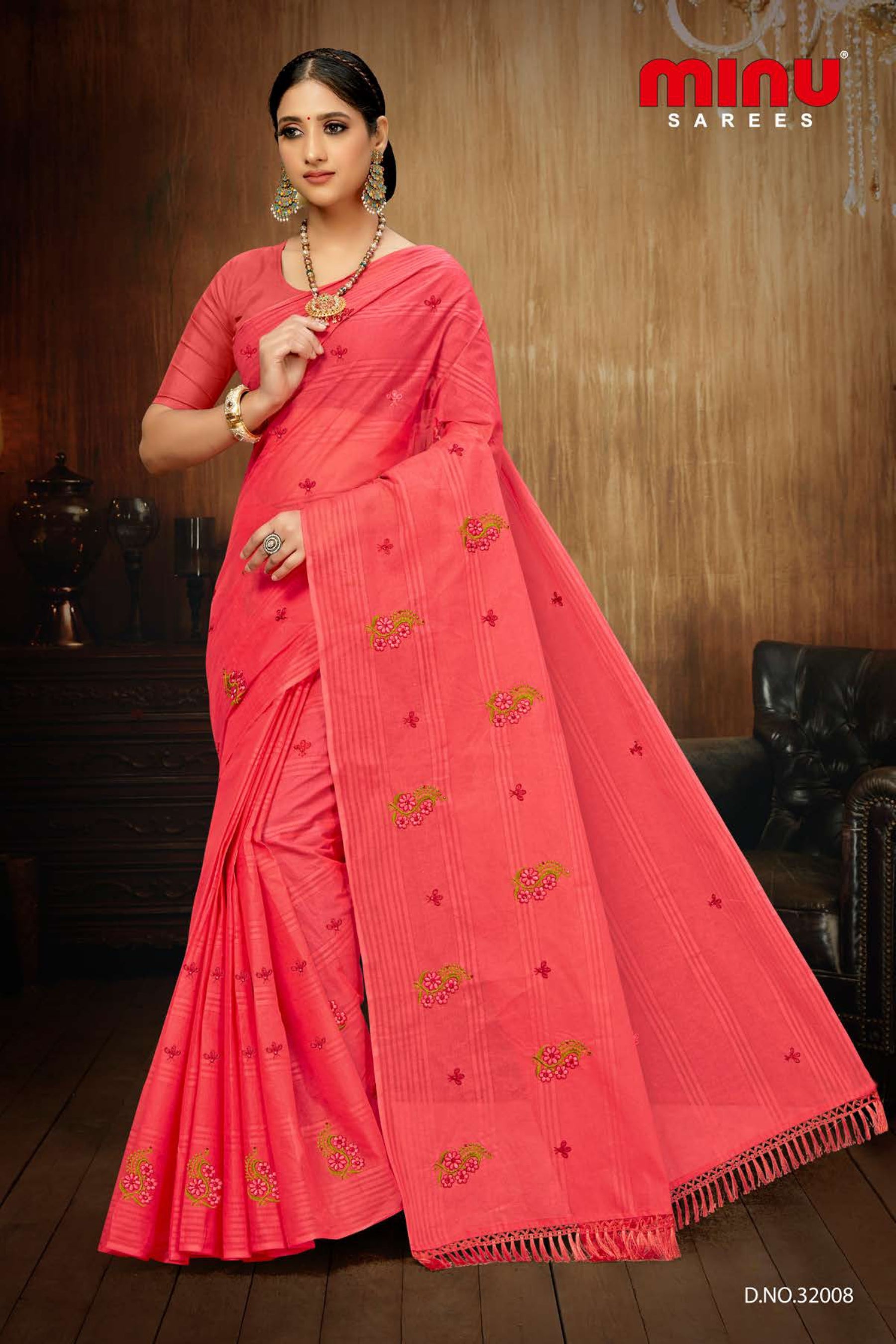 Pink color printed embroidered Saree with cotton fabric work