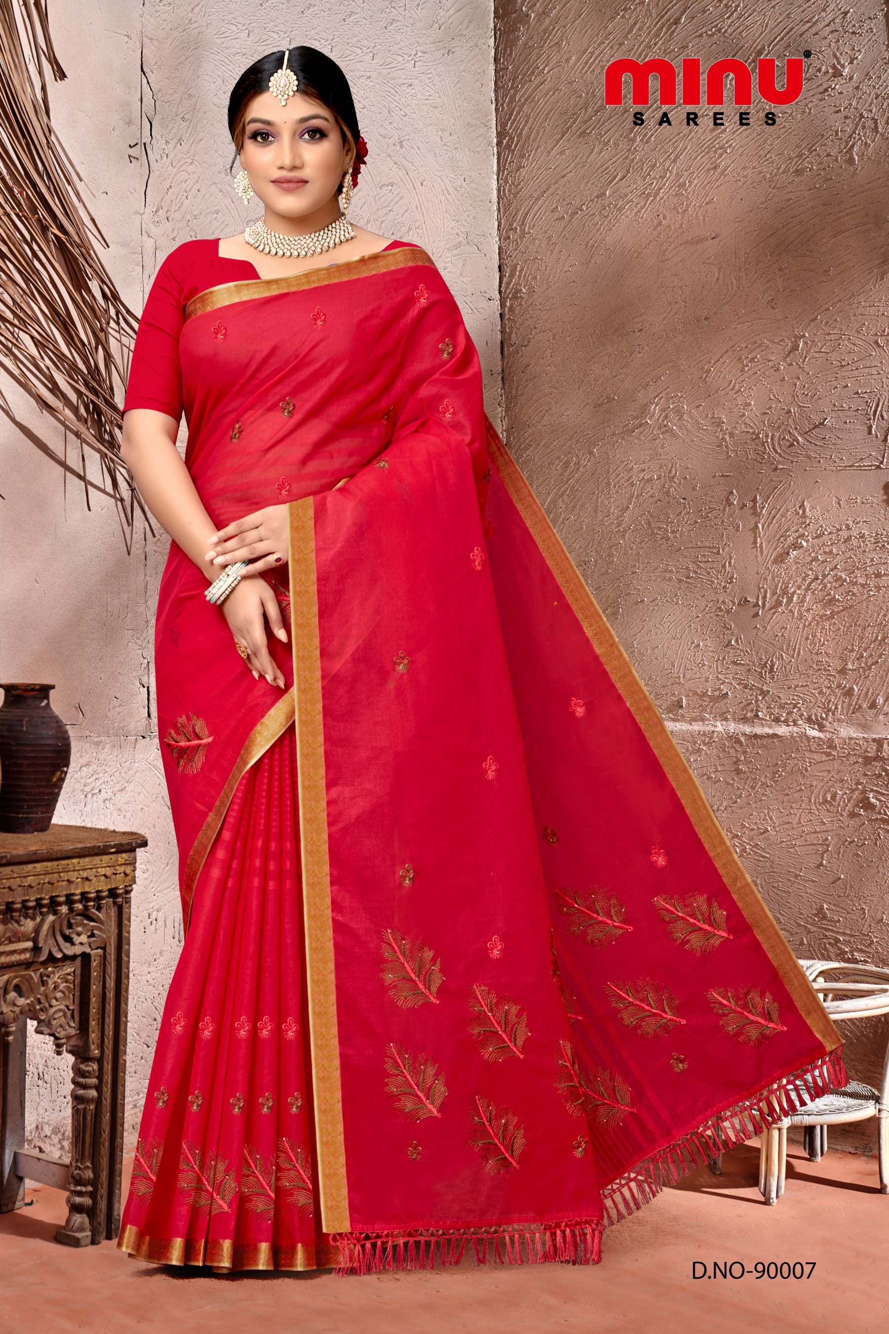 red color printed embroidered saree online image 