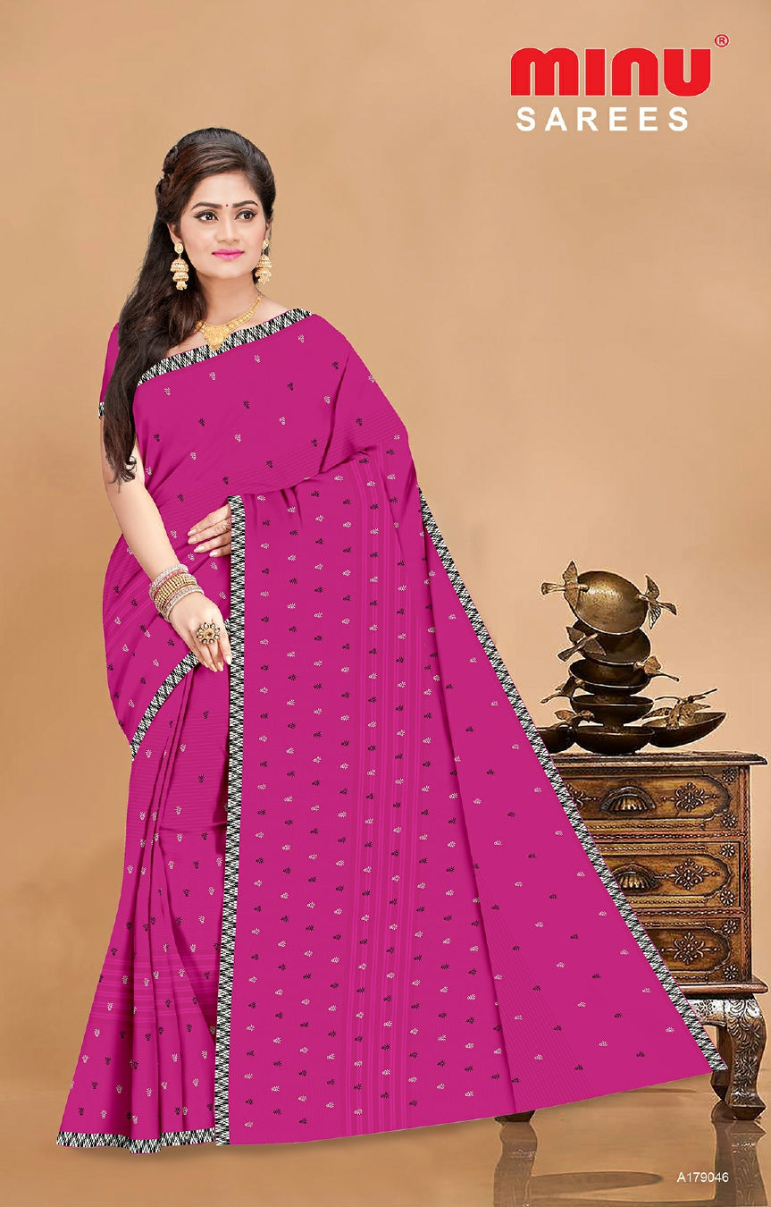 Pink cotton embroidered Kolkata saree wearing woman 