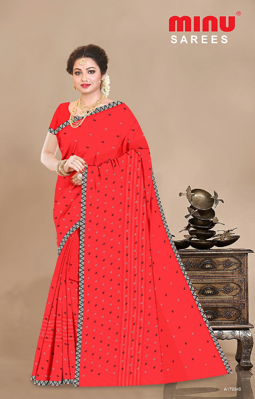 bold and classy red cotton embroidered saree for women and girls 