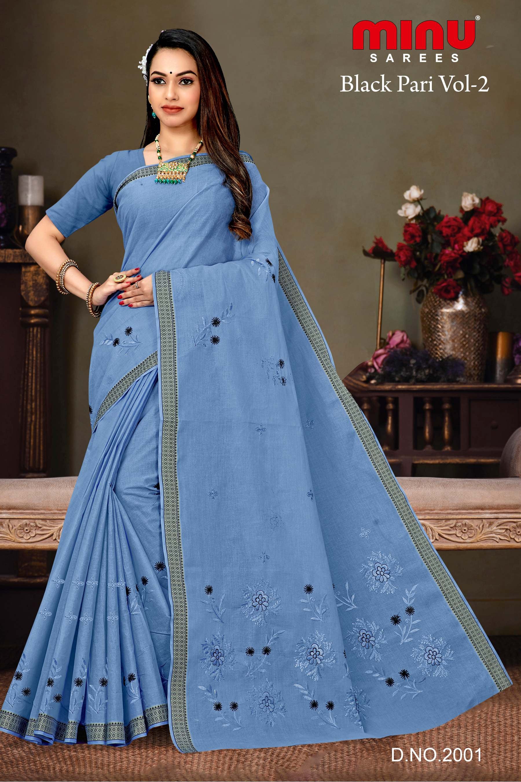 Blue printed wholesale embroidered saree wearing woman