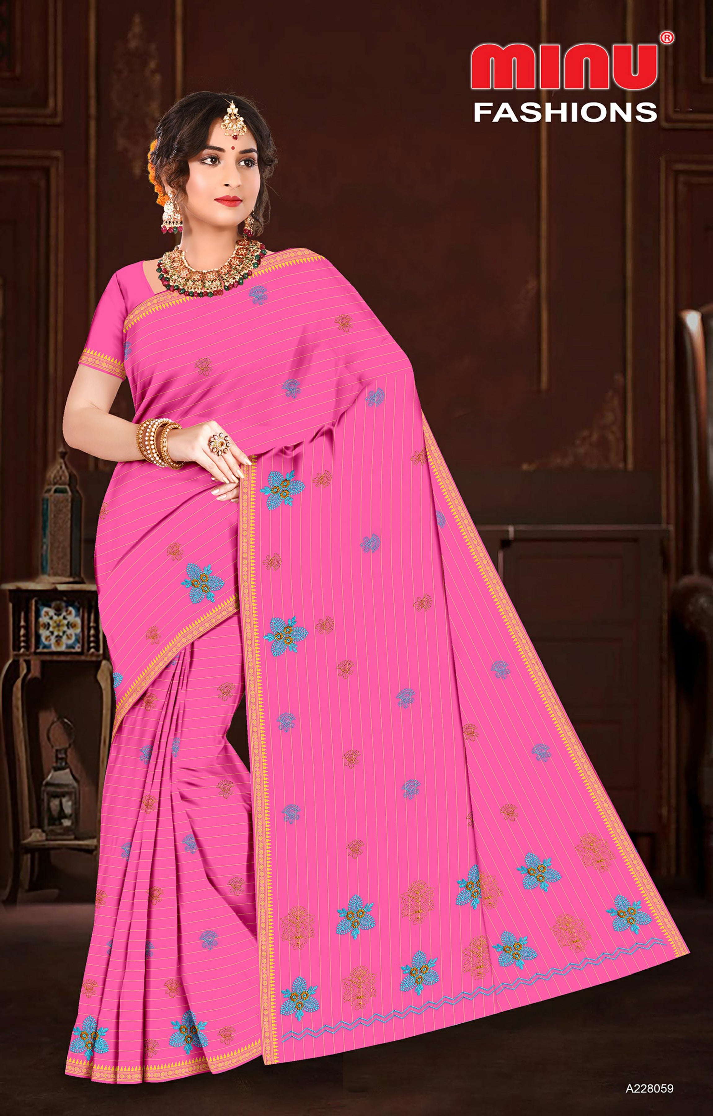 Embroidered Cotton Saree Chaitali BP (Special Rate) - 8 Pcs Set