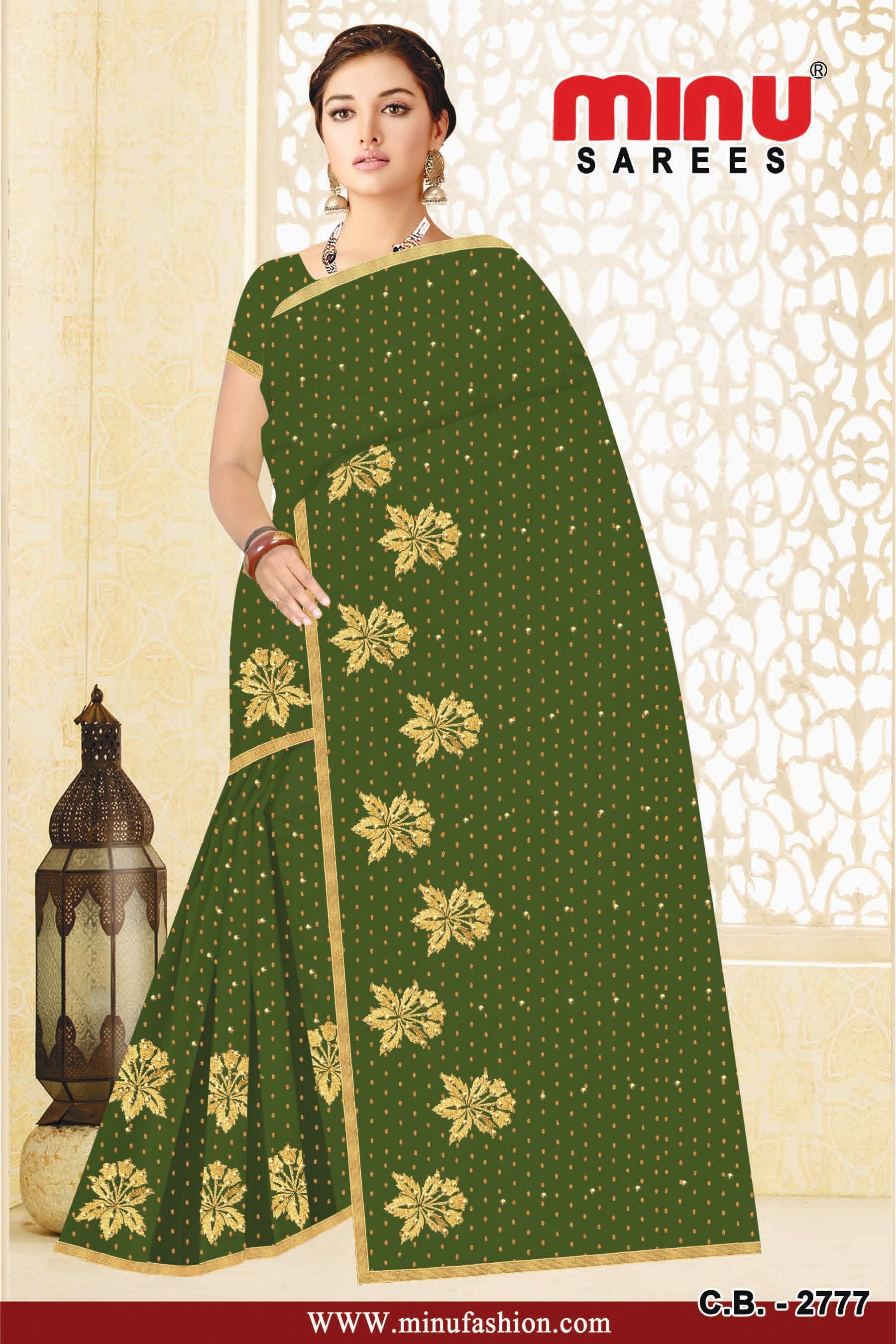 Green cotton embroidery sarees online for women and girls 