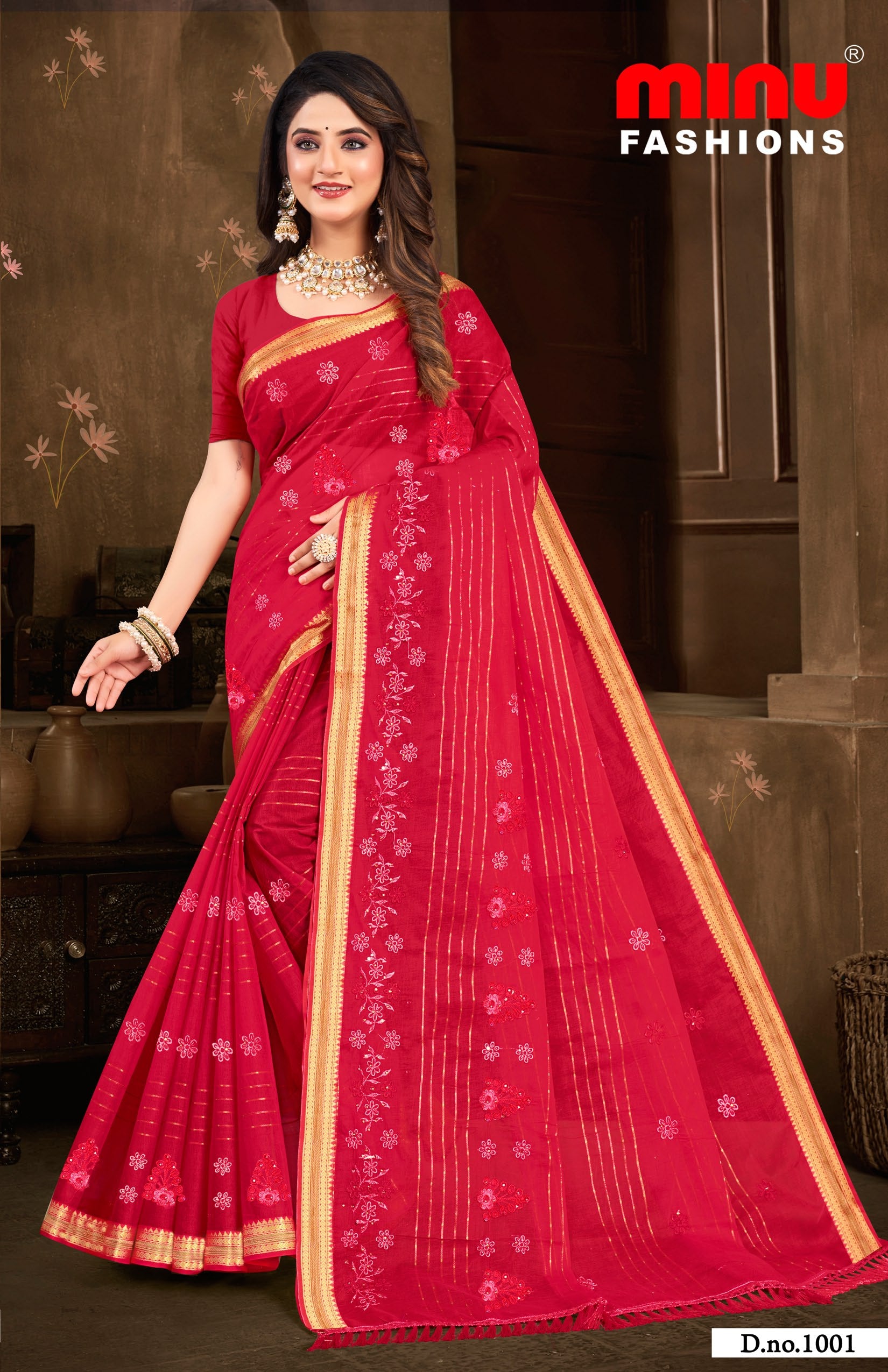 Embroidered Saree Cotton Pari - 08 Pcs Set