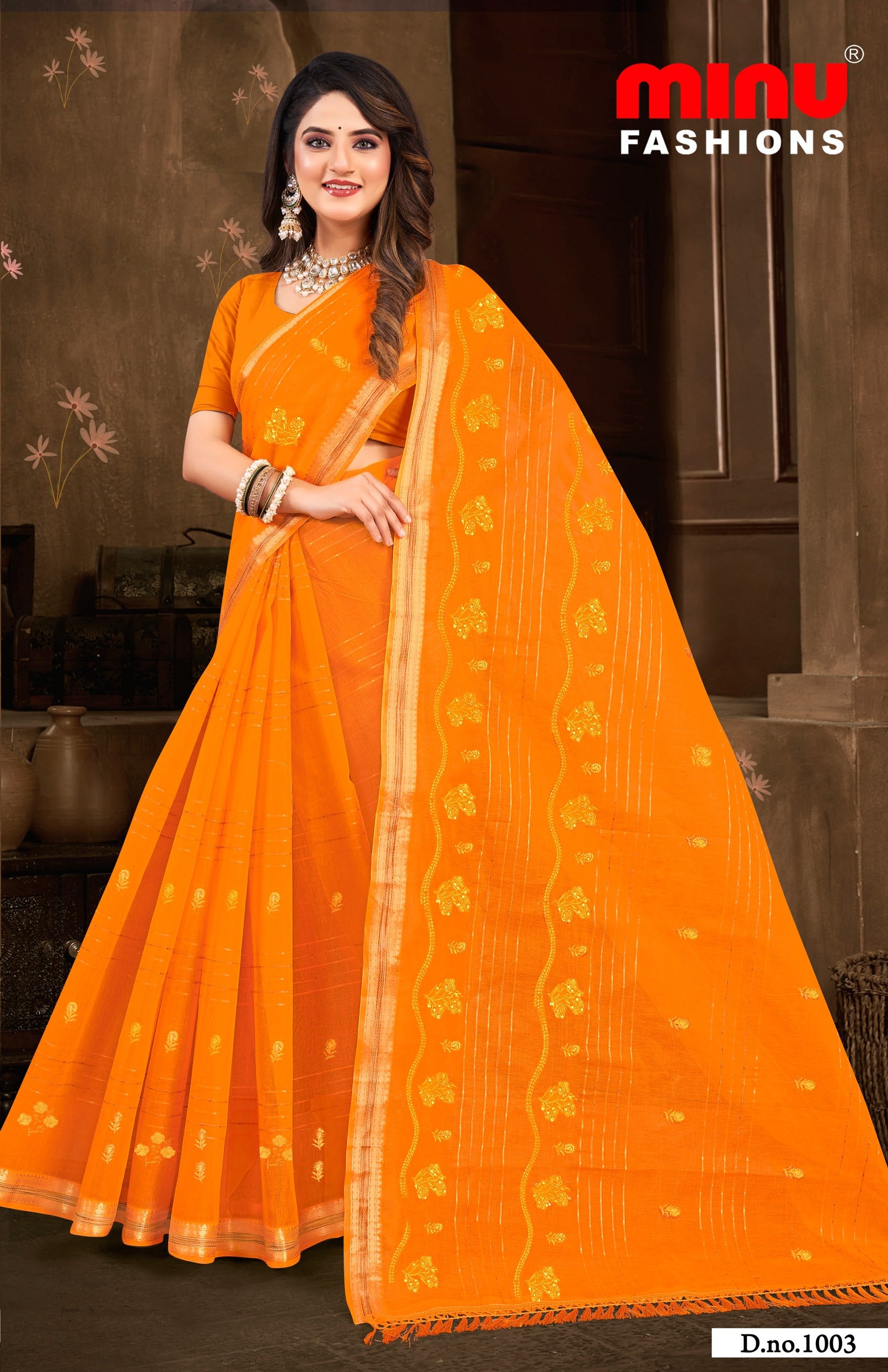 Embroidered Saree Cotton Pari - 08 Pcs Set