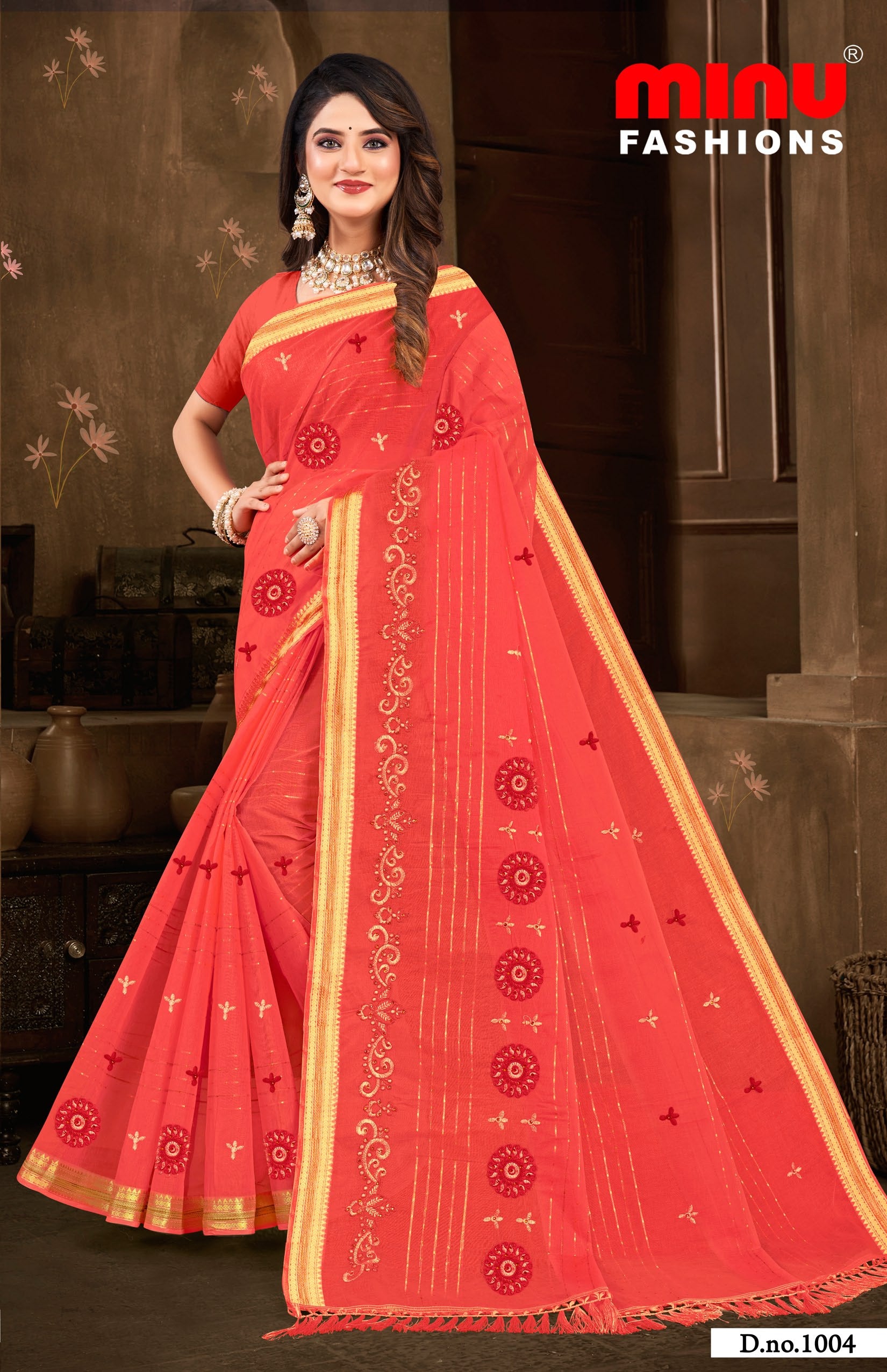 Embroidered Saree Cotton Pari - 08 Pcs Set