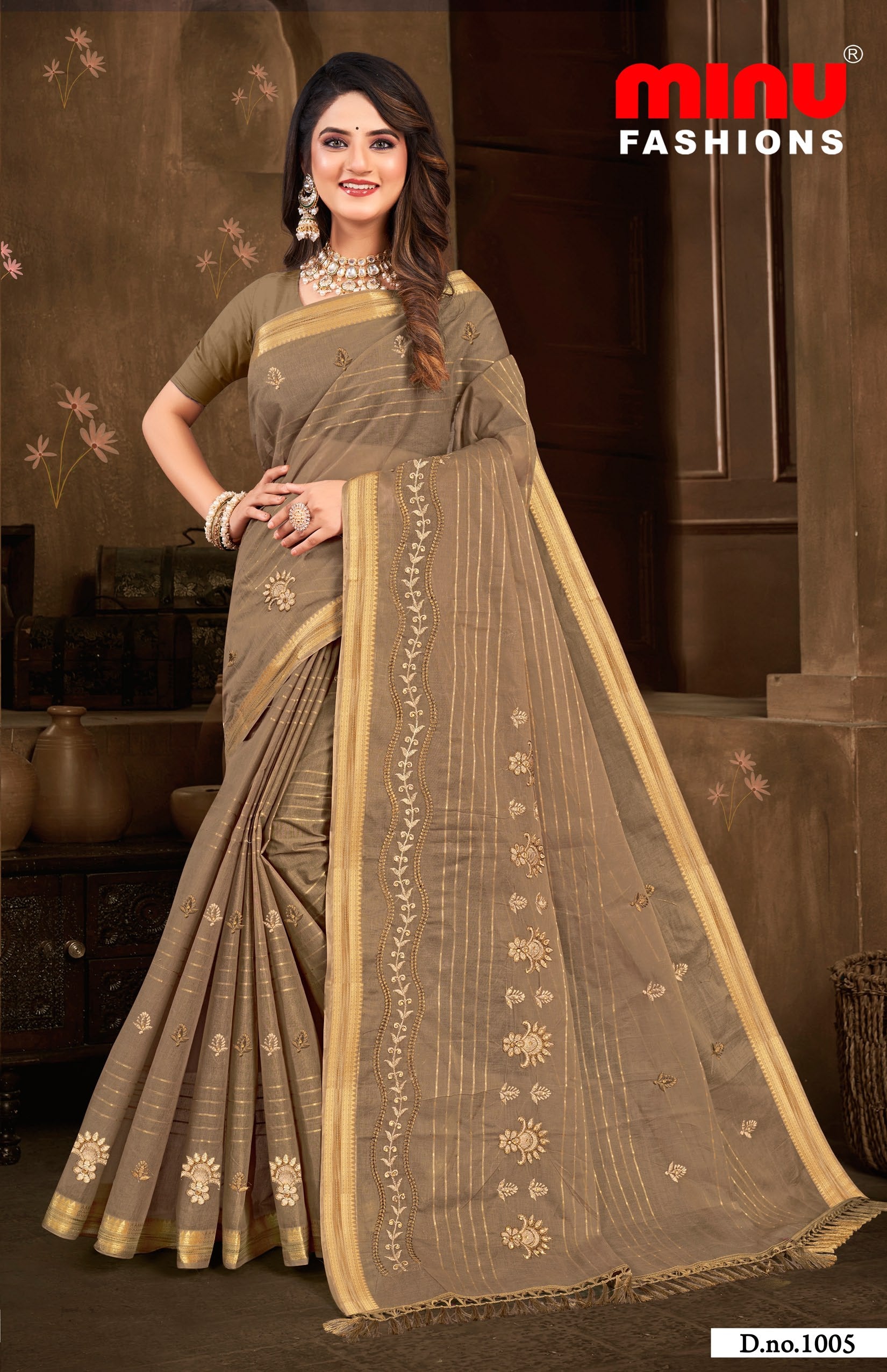 Embroidered Saree Cotton Pari - 08 Pcs Set