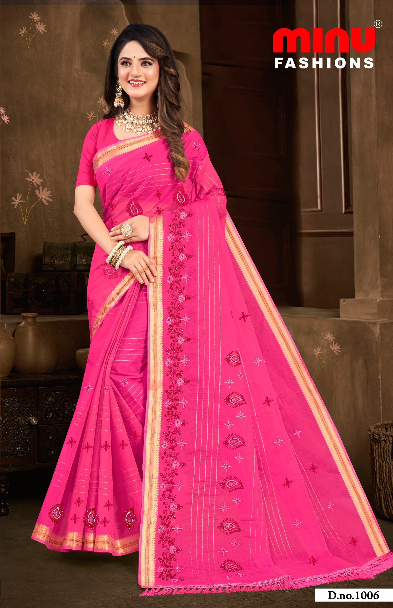 Embroidered Saree Cotton Pari - 08 Pcs Set