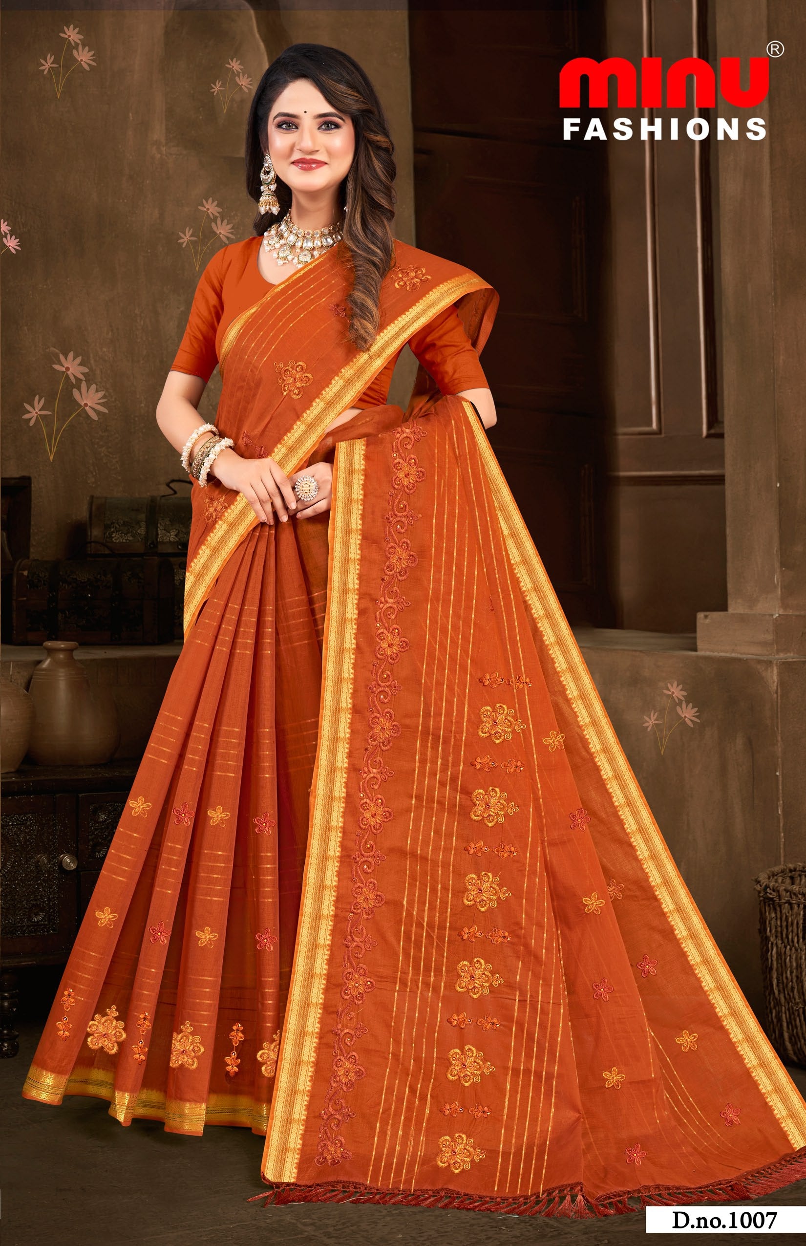 Embroidered Saree Cotton Pari - 08 Pcs Set