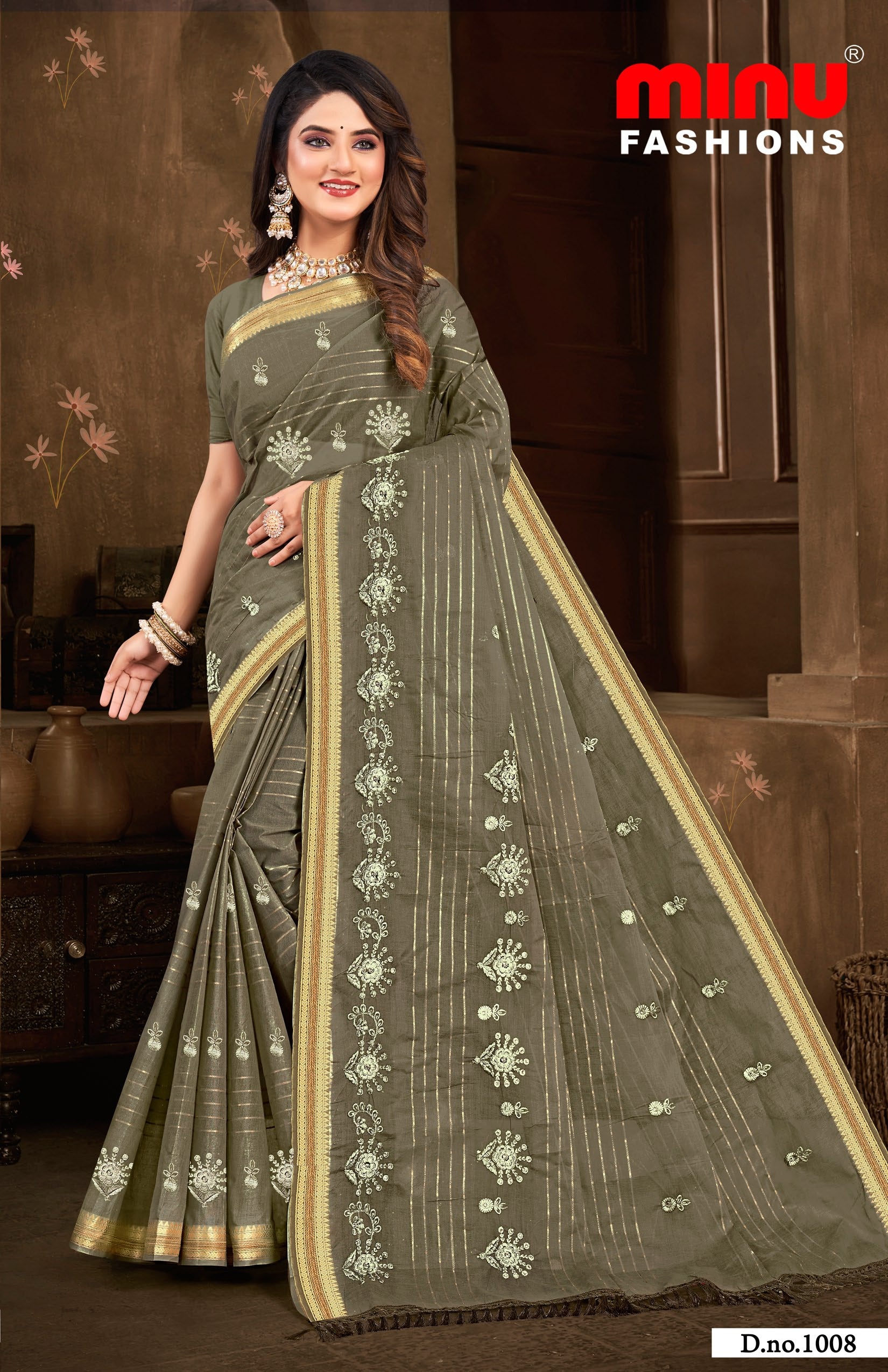 Embroidered Saree Cotton Pari - 08 Pcs Set