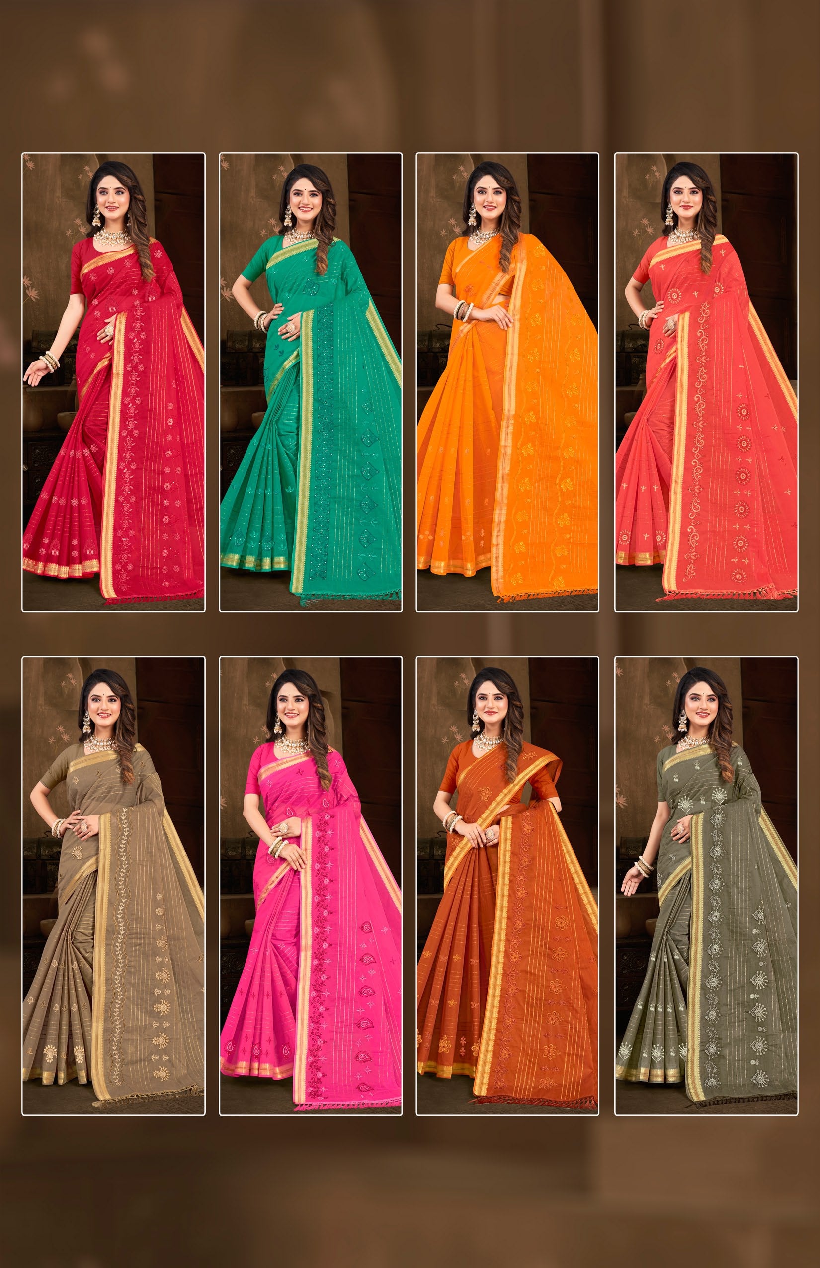 Embroidered Saree Cotton Pari - 08 Pcs Set
