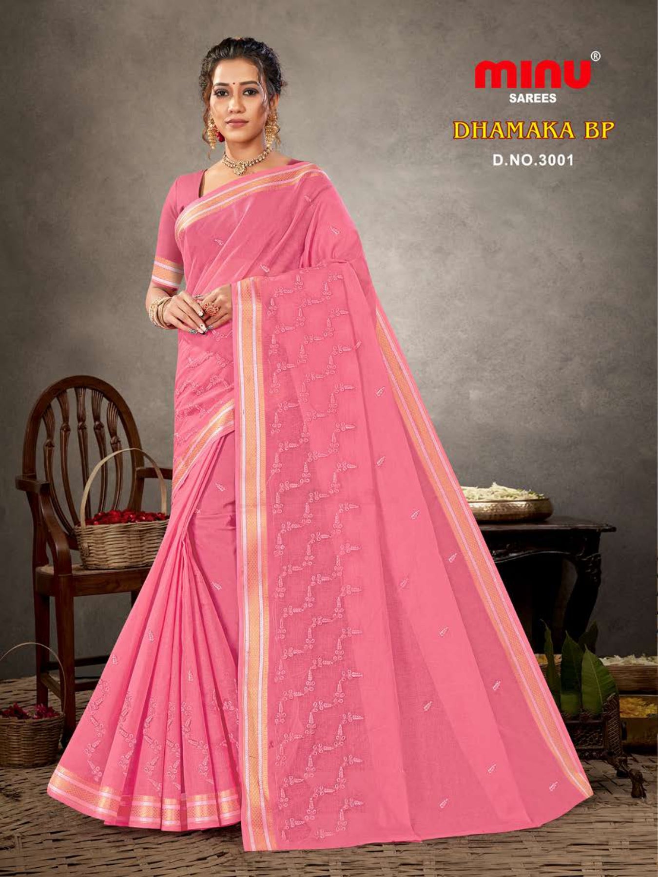 embroidered saree with pink printed design for women