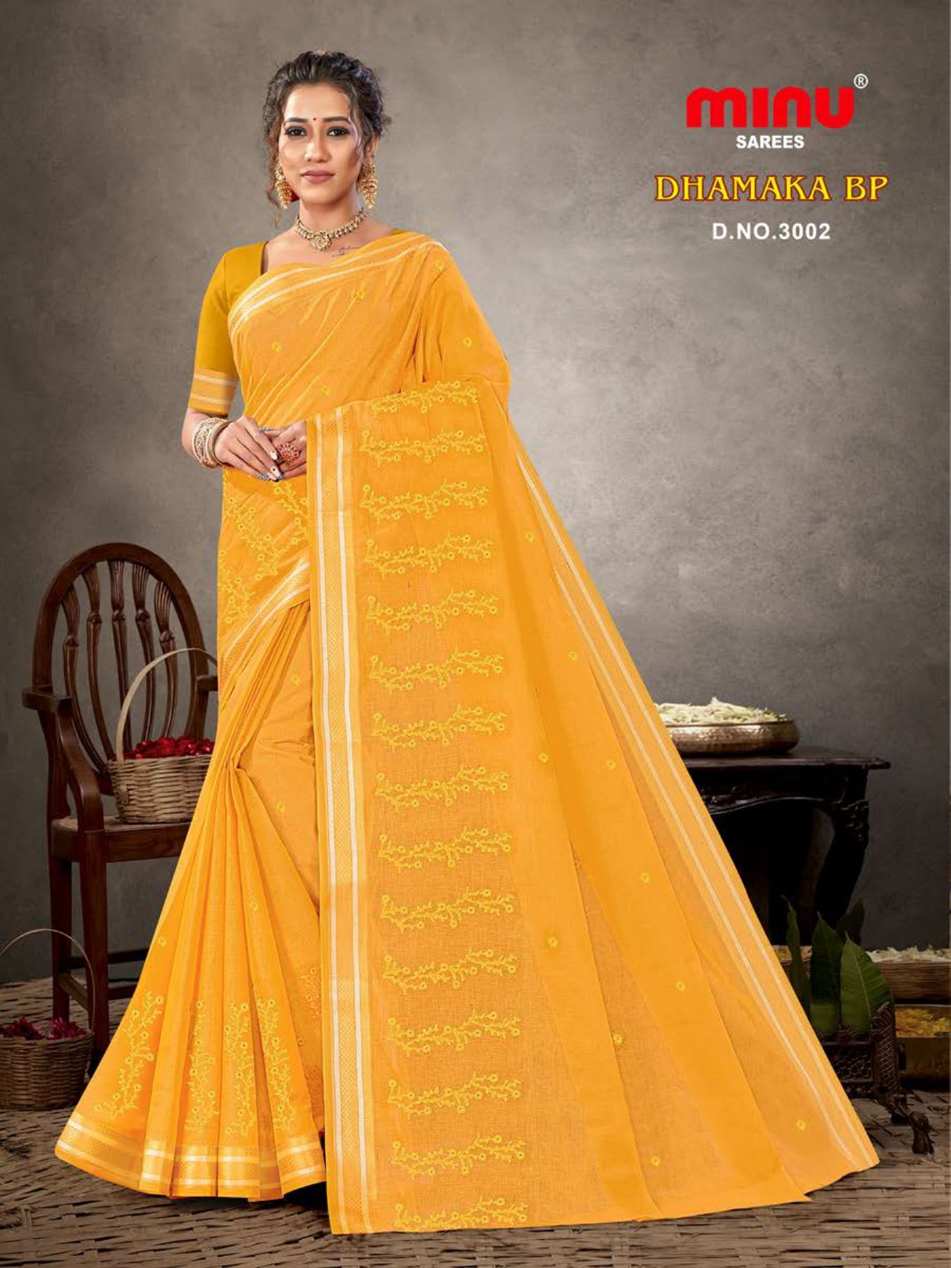 yellow printed embroidered saree wearing woman