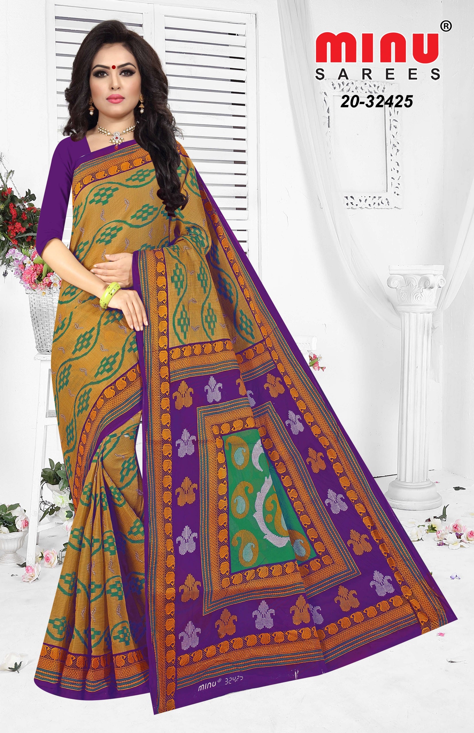 designer printed cotton saree wearing woman 