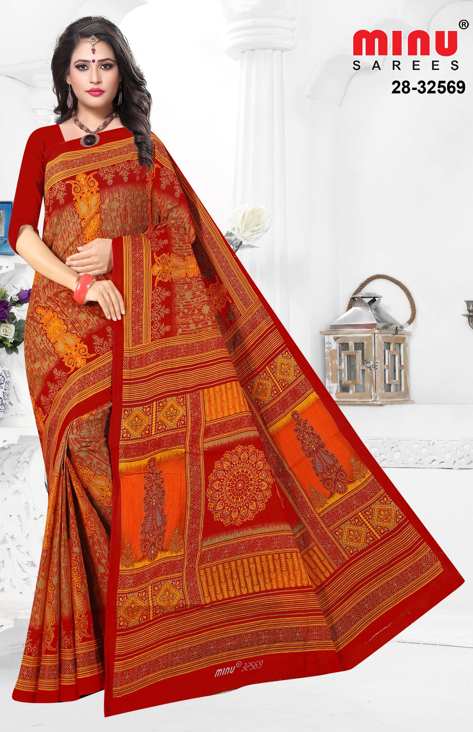 red color printed saree with pure cotton fabric