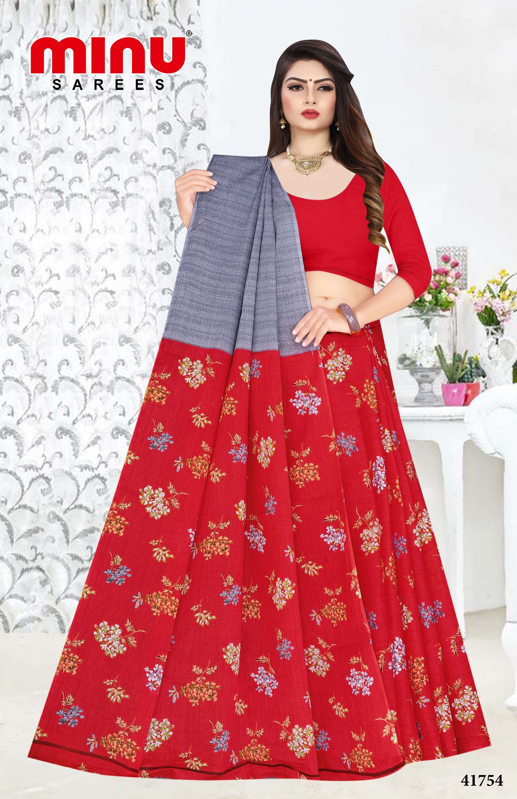online printed saree with red printed designs