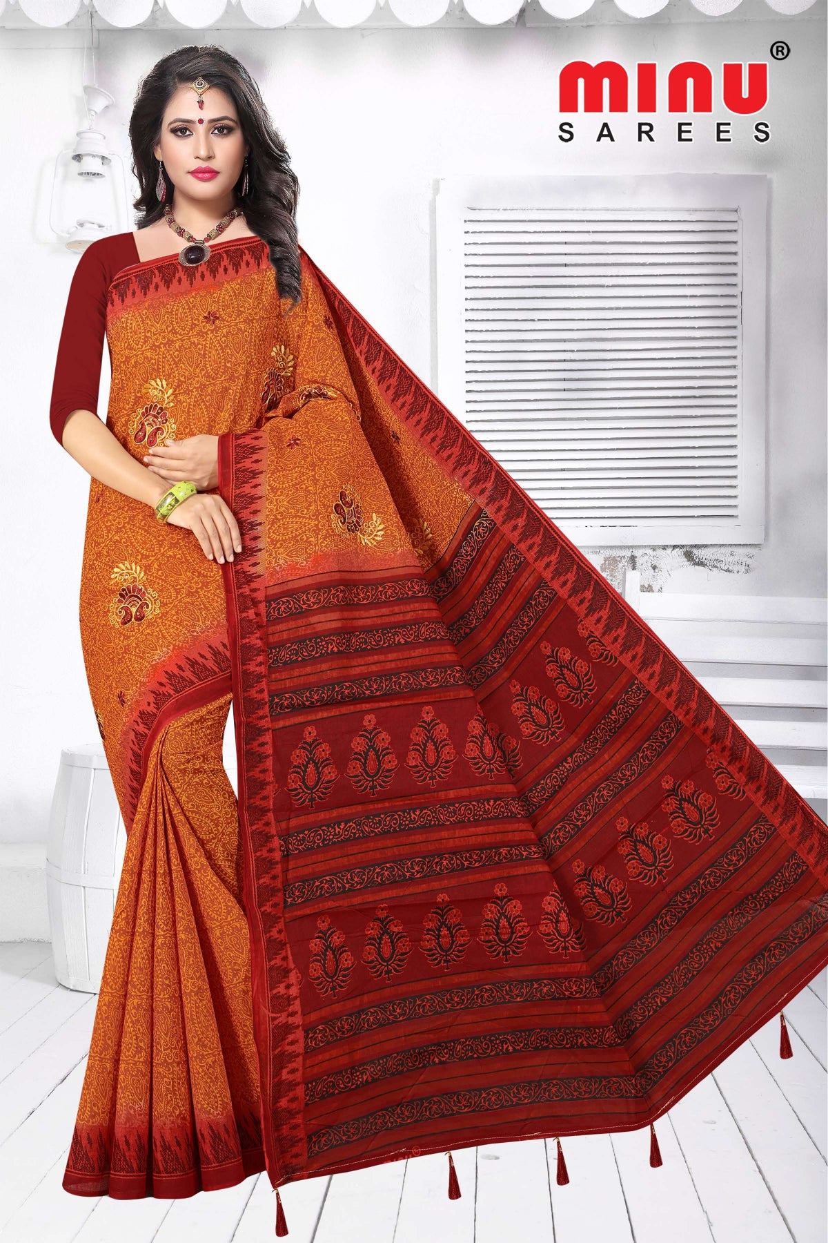 red color printed cotton saree for women 