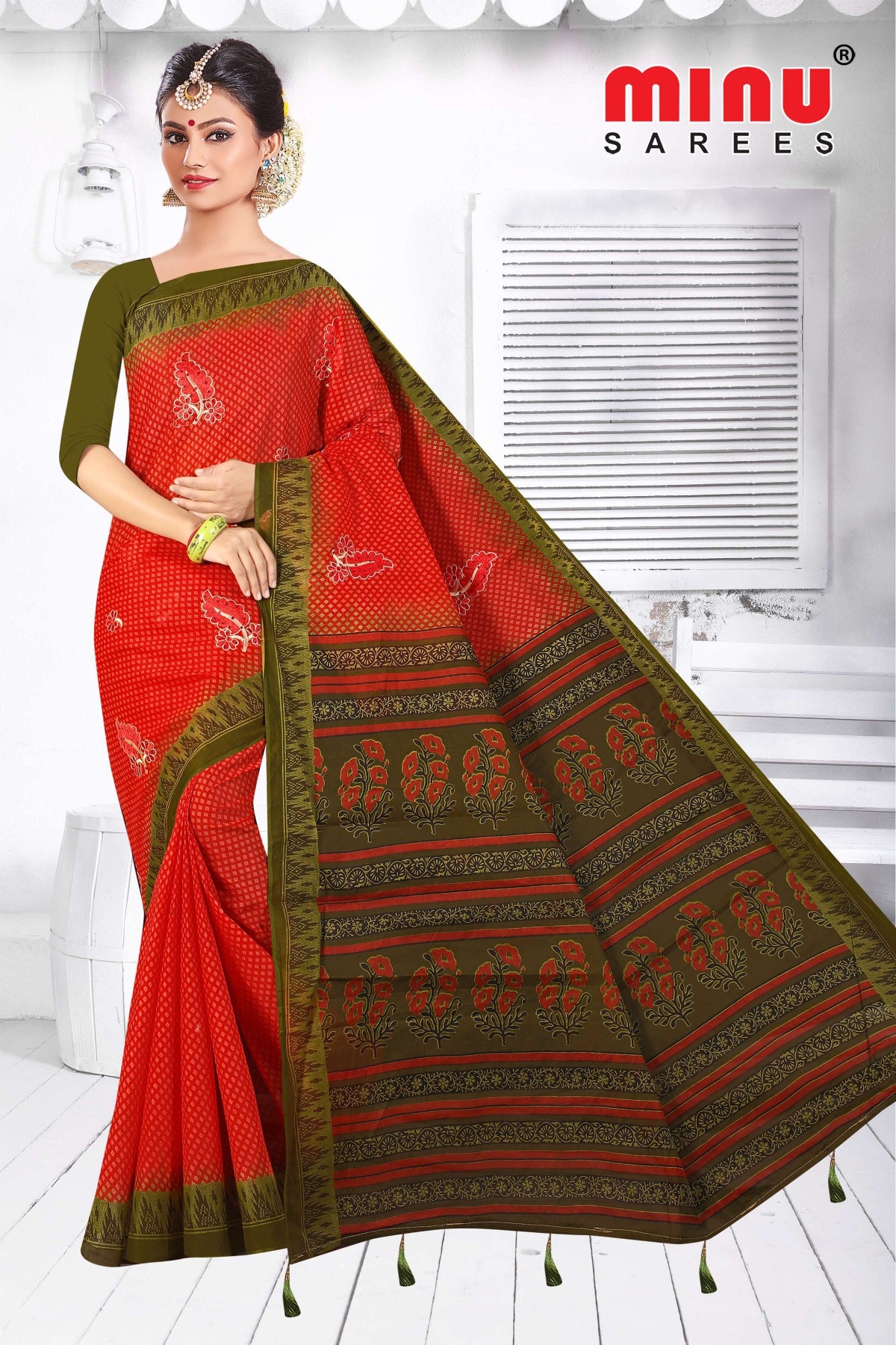 red printed cotton embroidered saree for wholesale 