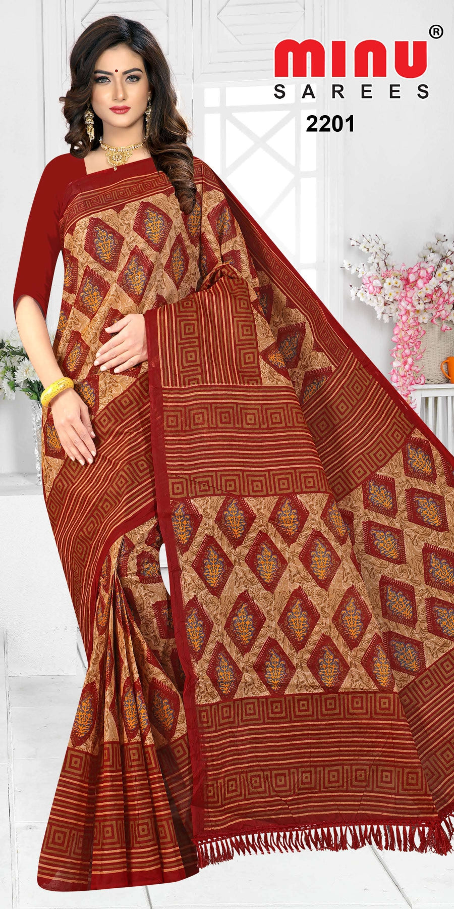 Woman flaunting beauty in red color printed saree wholesale online