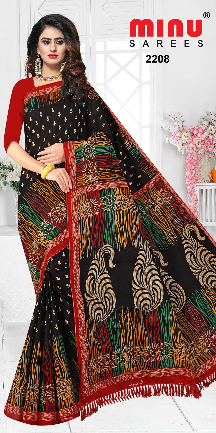 Bold color printed saree with modern designing wearing woman