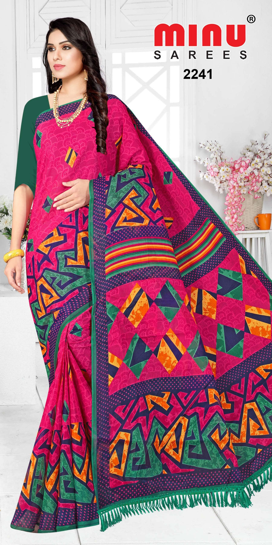 Woman posing in multi color printed saree image