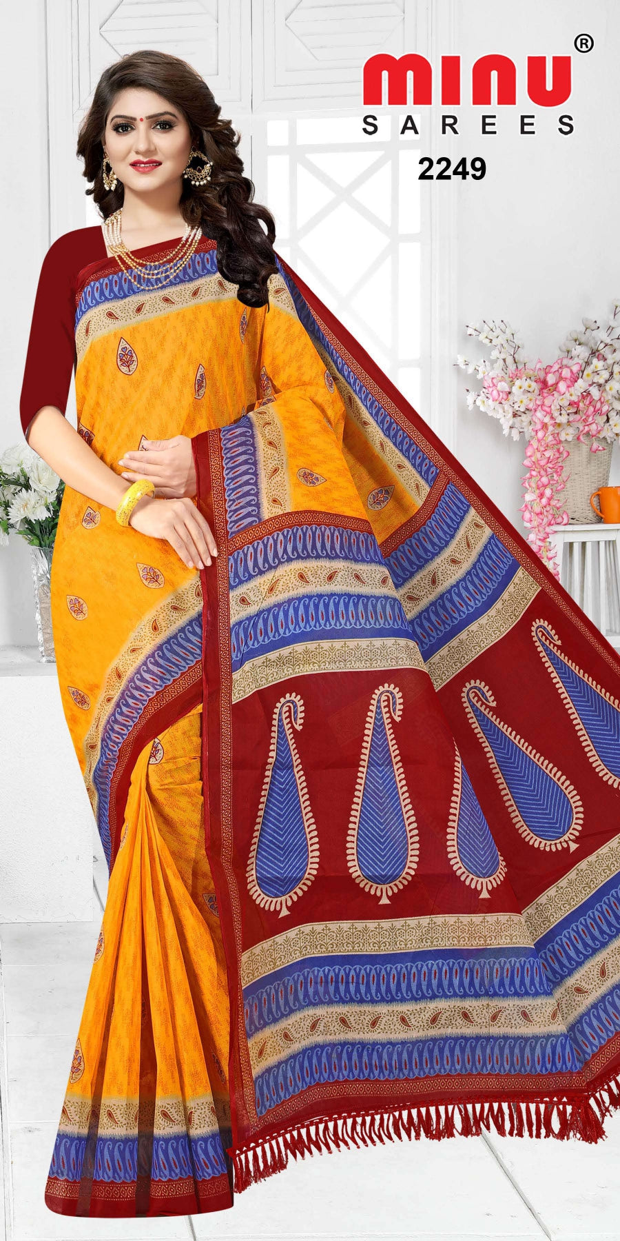 Woman wearing most fashionable multi color printed saree online
