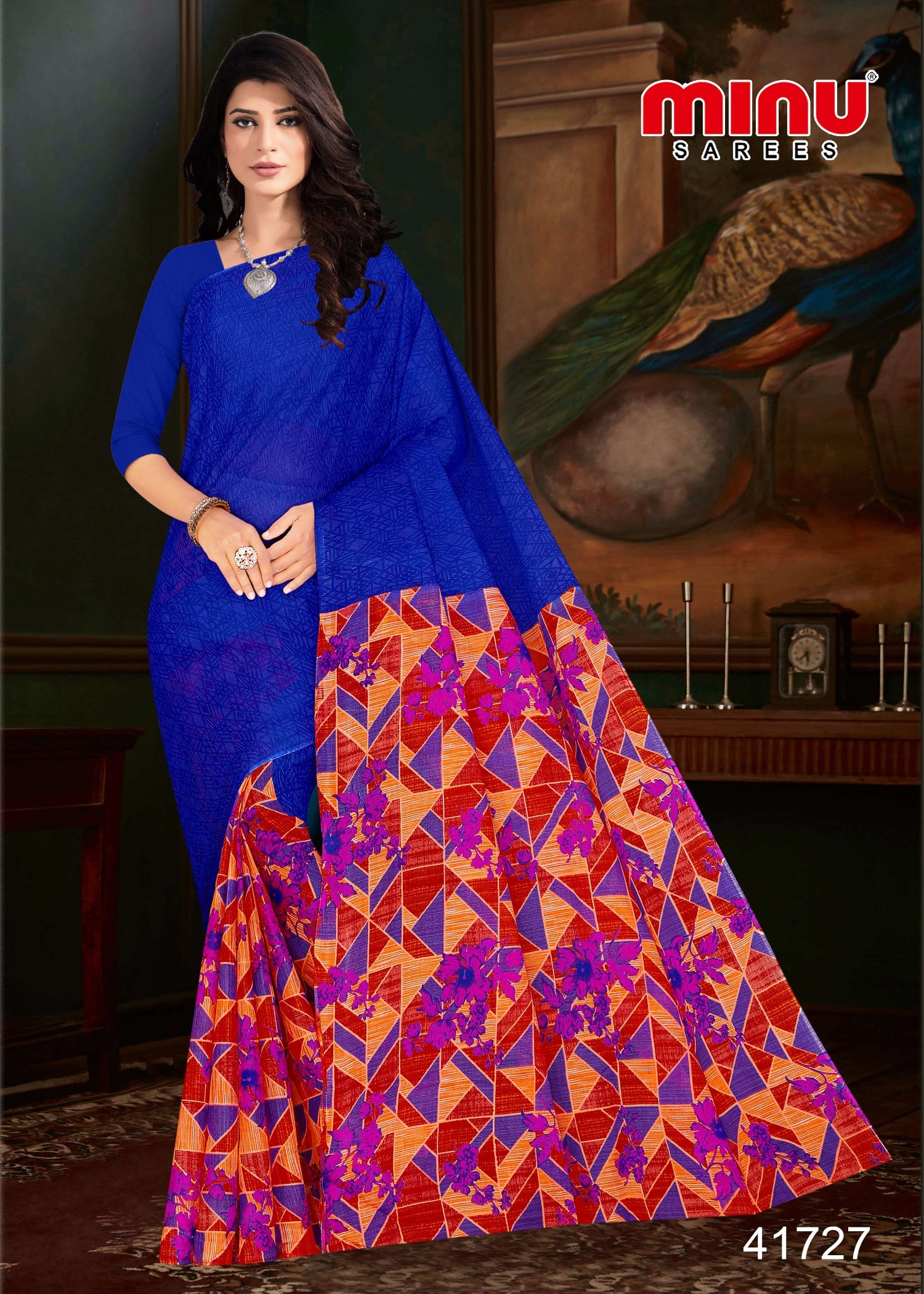 blue printed designer printed saree wearing woman 