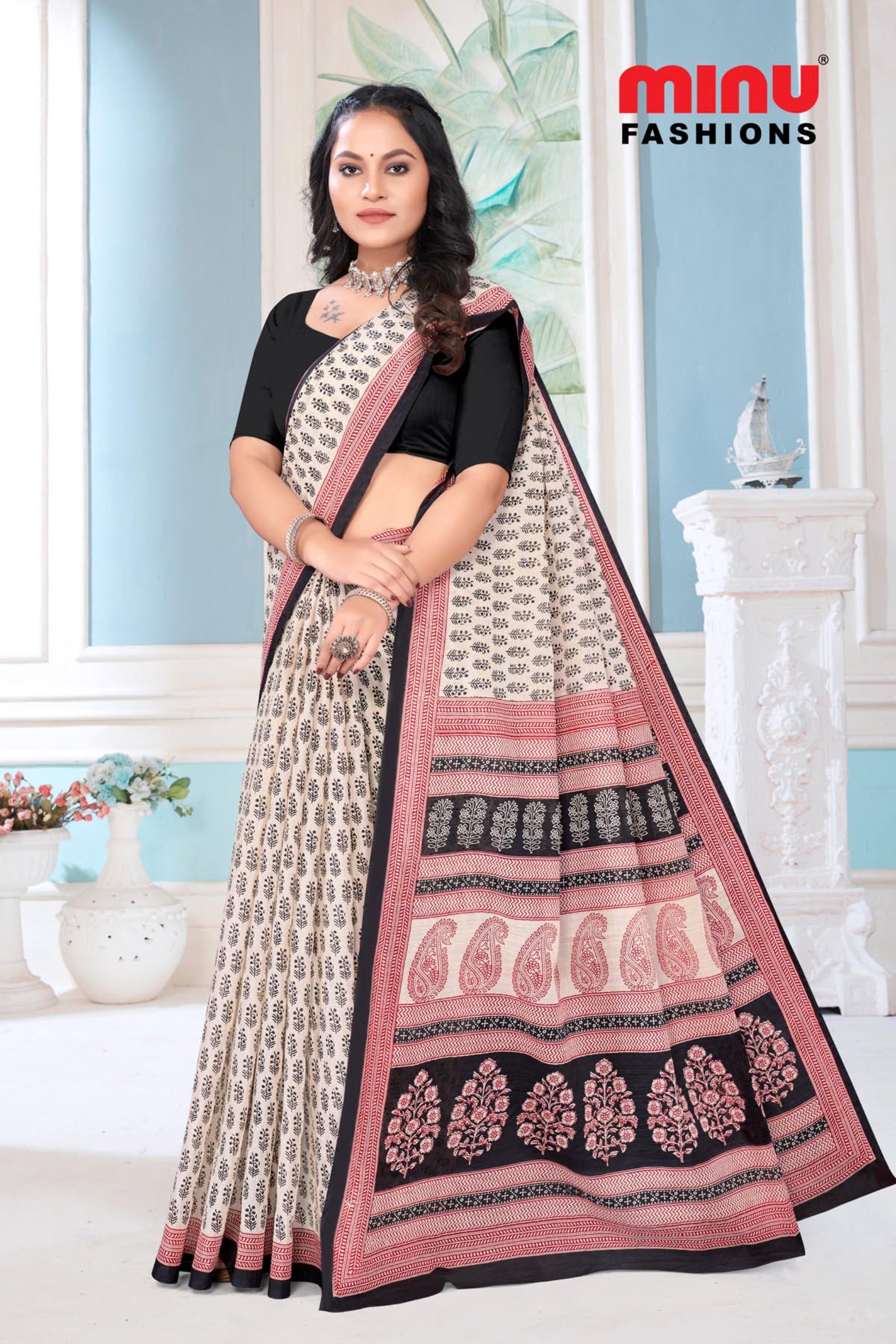 woman standing in popular cotton saree for wholesale online 
